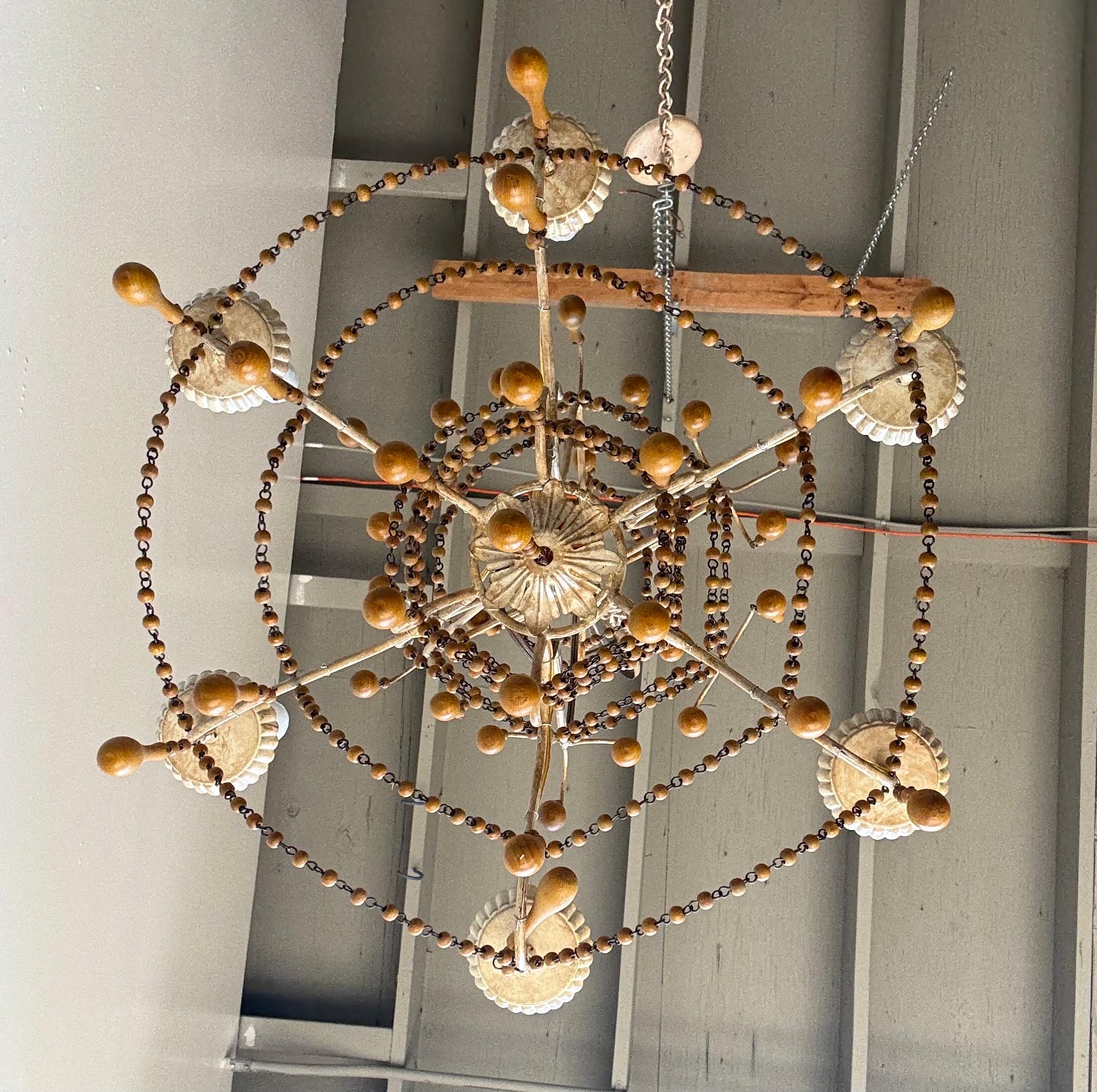 Pair of Italian Gilt Iron and Wood Beaded Chandeliers, Mid-20th Century For Sale 5