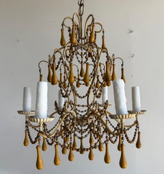 Pair of Italian Gilt Iron and Wood Beaded Chandeliers, Mid-20th Century