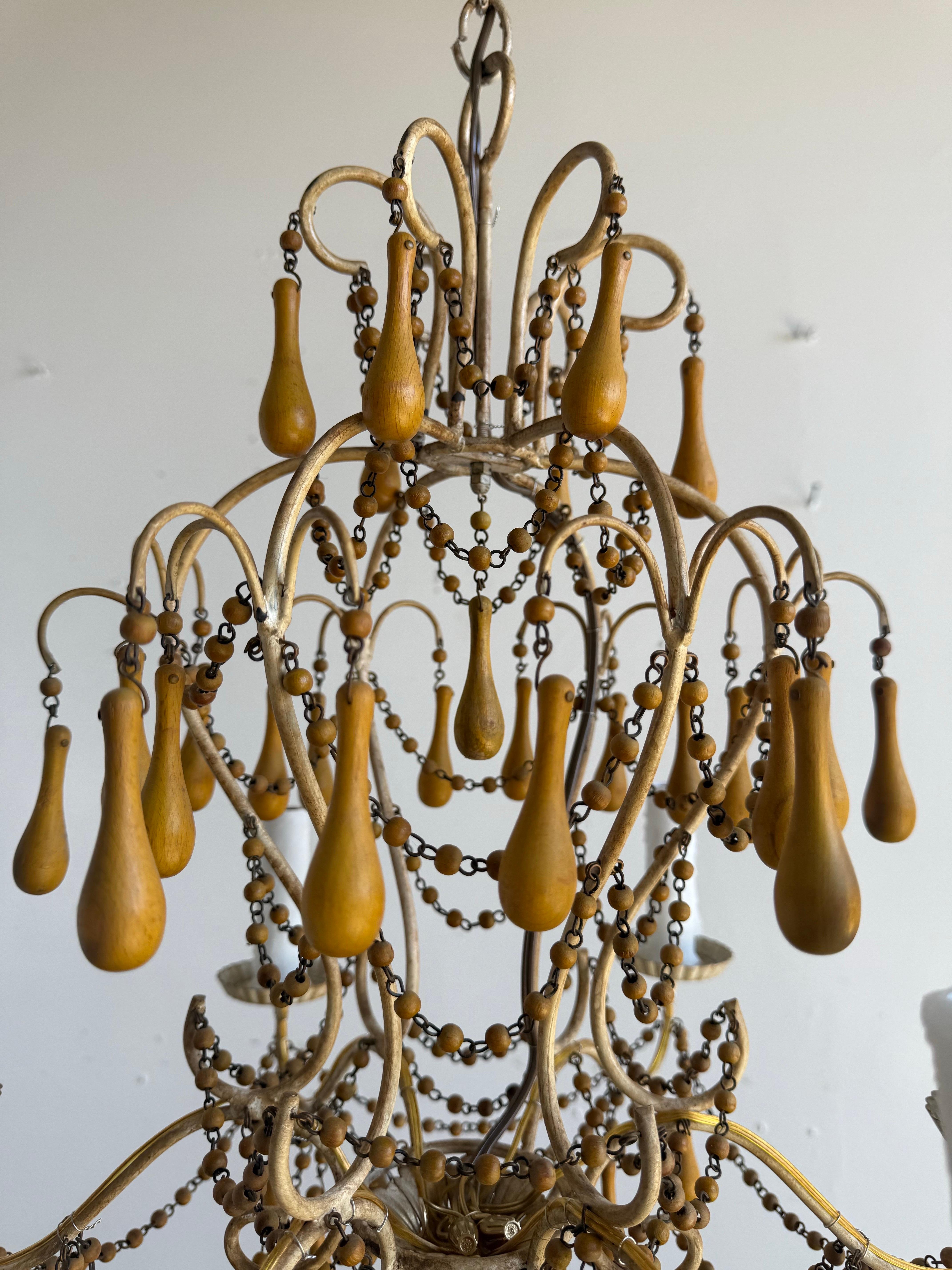 Rococo Pair of Italian Gilt Iron and Wood Beaded Chandeliers, Mid-20th Century For Sale