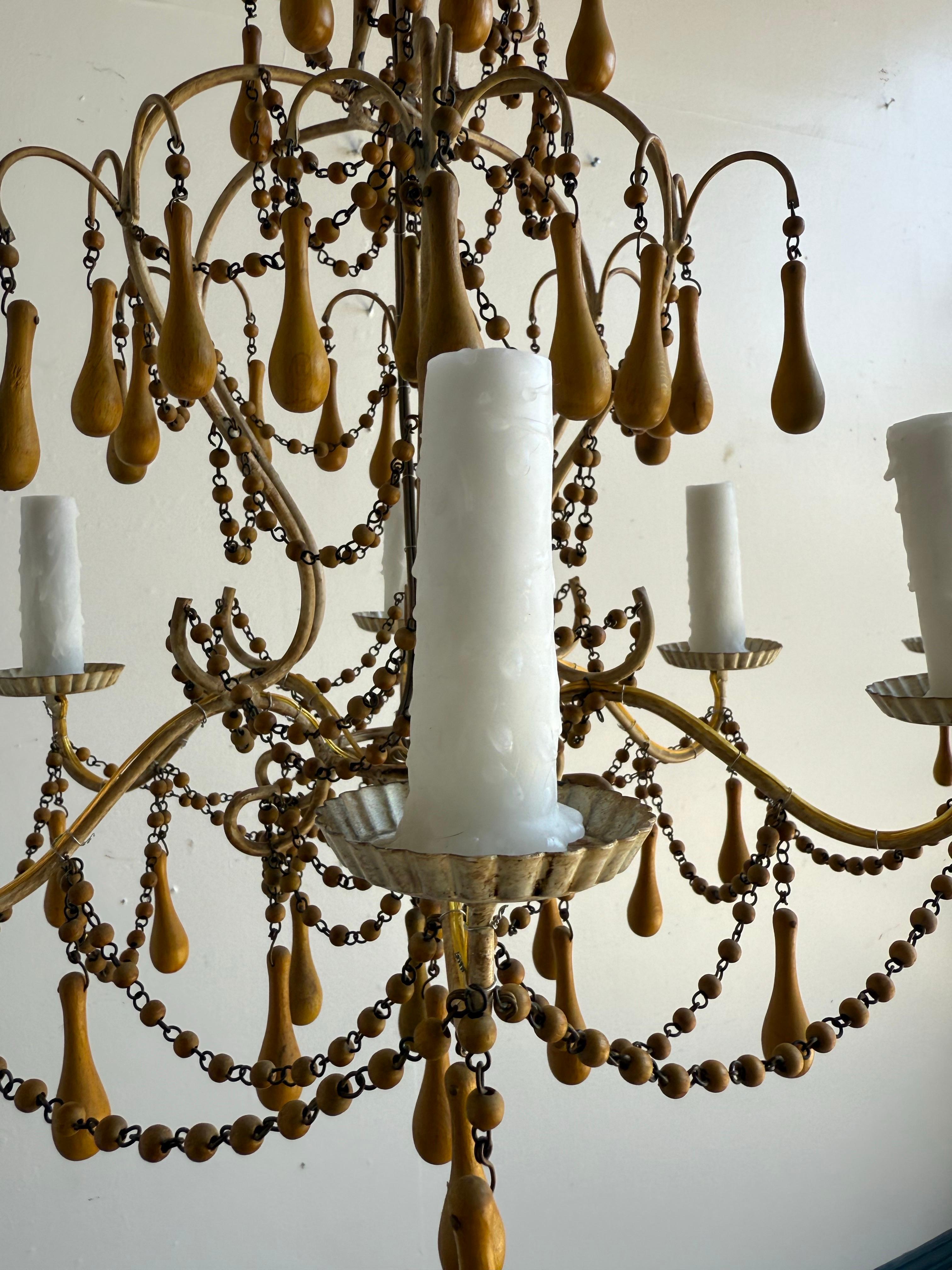 Pair of Italian Gilt Iron and Wood Beaded Chandeliers, Mid-20th Century For Sale 1
