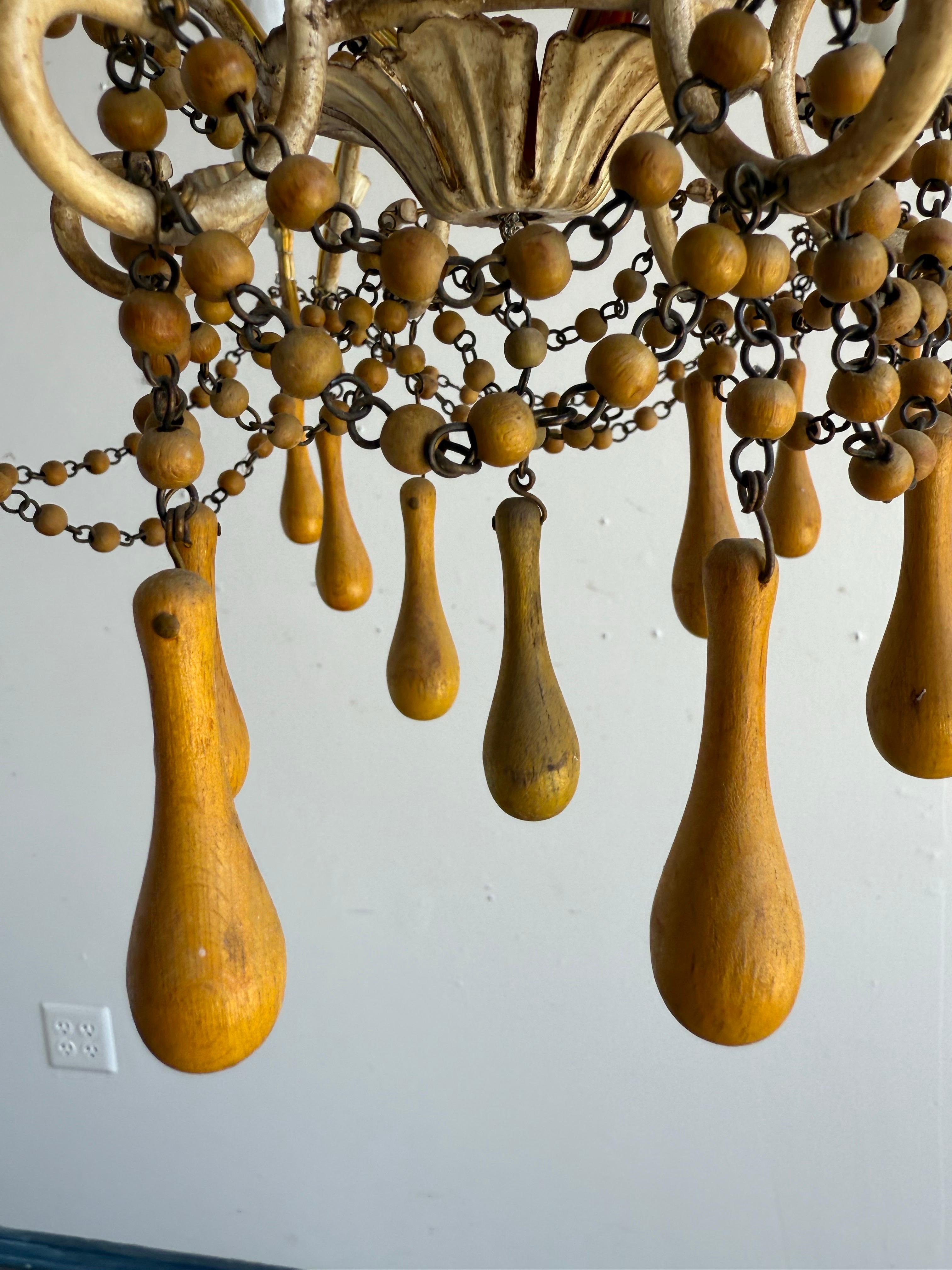 Pair of Italian Gilt Iron and Wood Beaded Chandeliers, Mid-20th Century For Sale 2