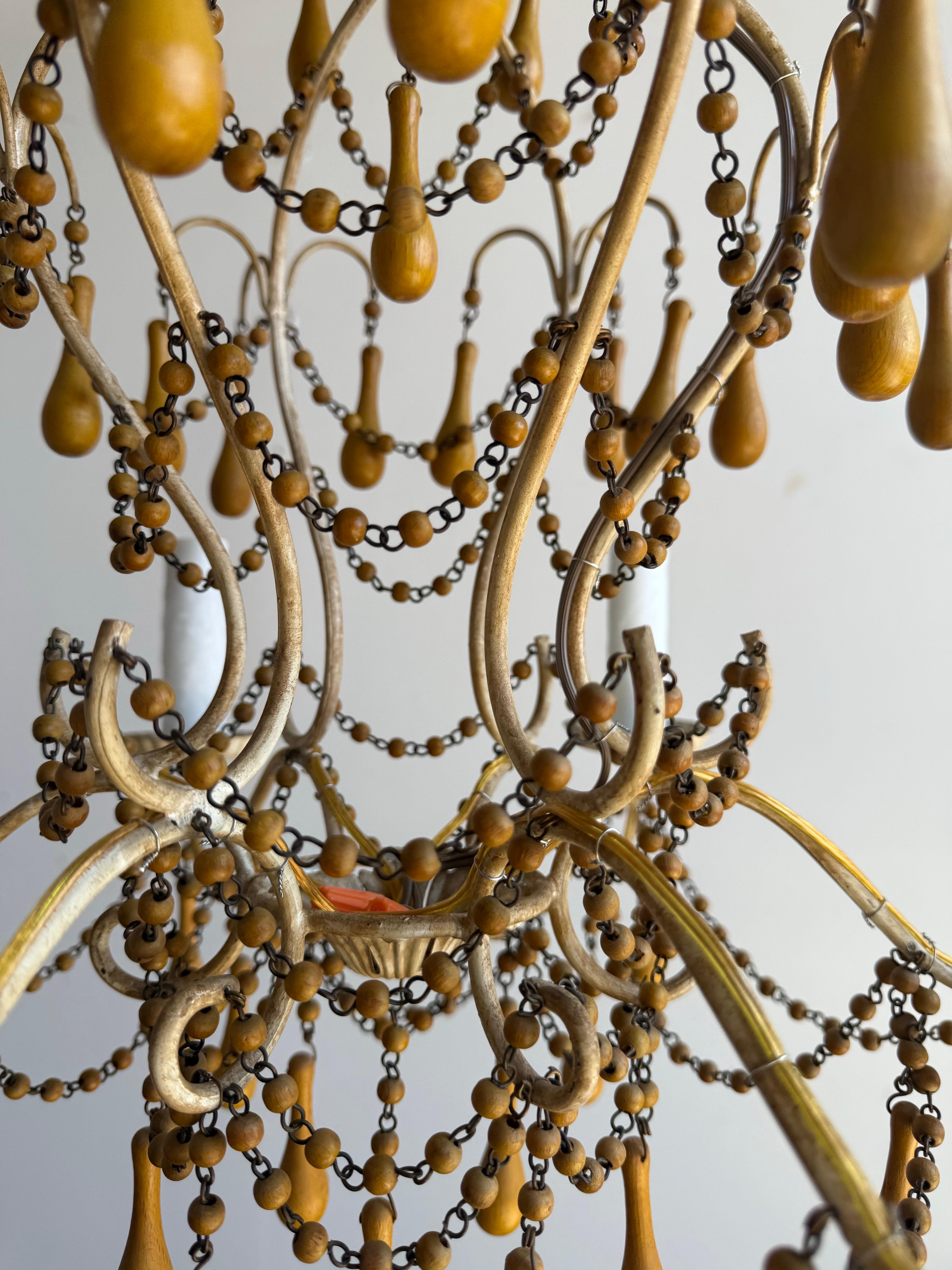 Pair of Italian Gilt Iron and Wood Beaded Chandeliers, Mid-20th Century For Sale 3