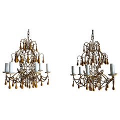 Pair of Italian Gilt Iron and Wood Beaded Chandeliers, Mid-20th Century