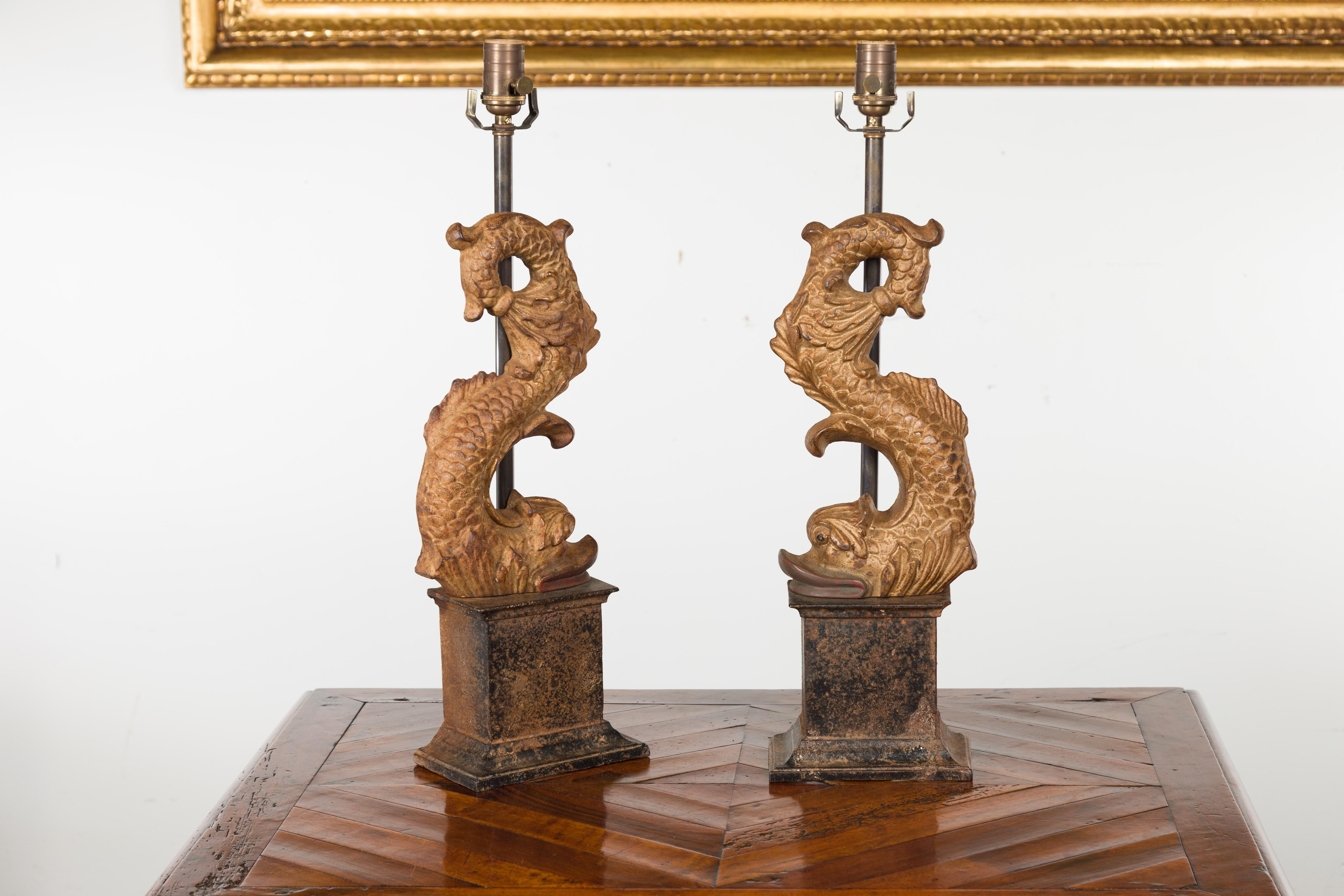 Pair of Italian Gilt Iron Baroque Style 1920s Dolphins Made into Lamps 8