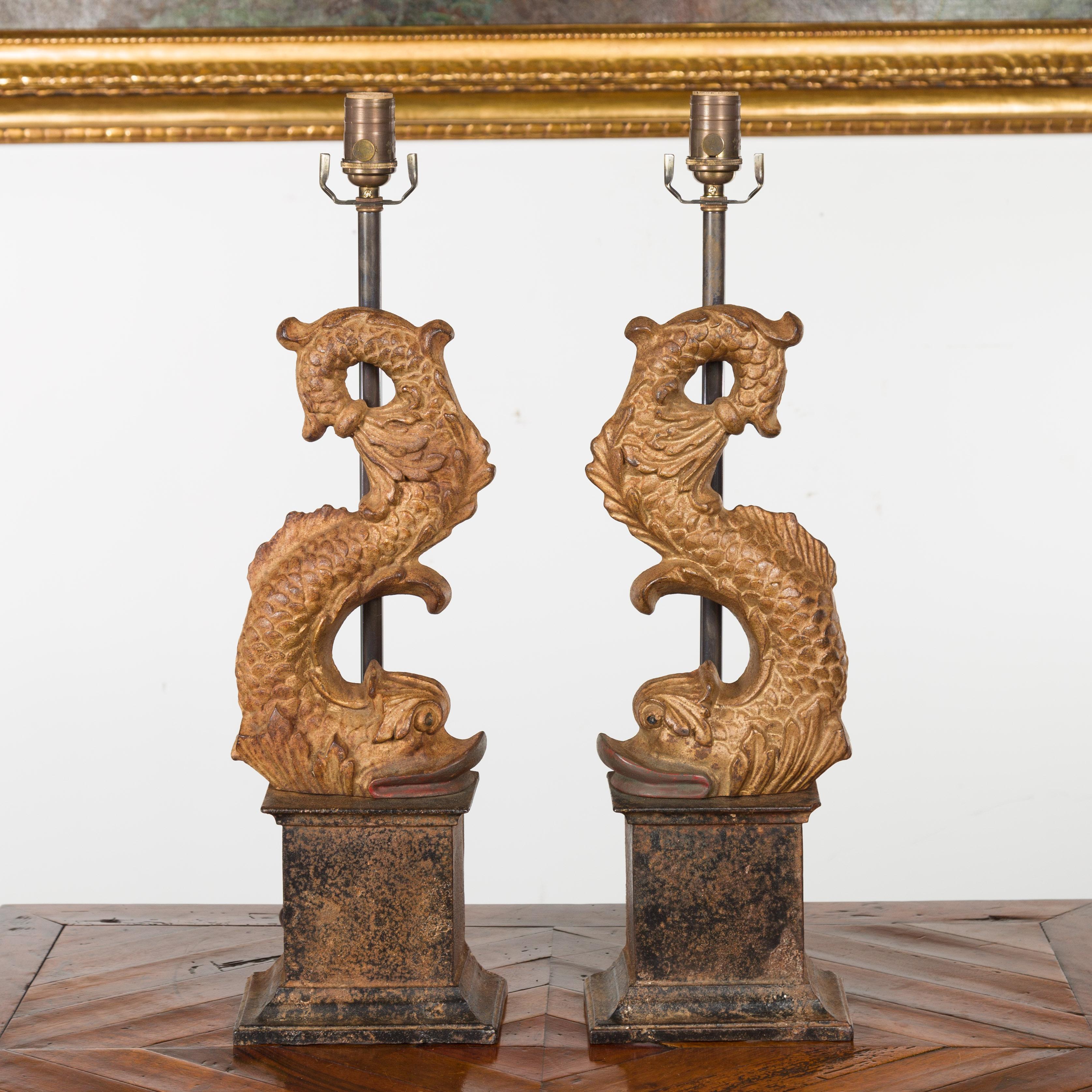 Pair of Italian Gilt Iron Baroque Style 1920s Dolphins Made into Lamps In Good Condition In Atlanta, GA