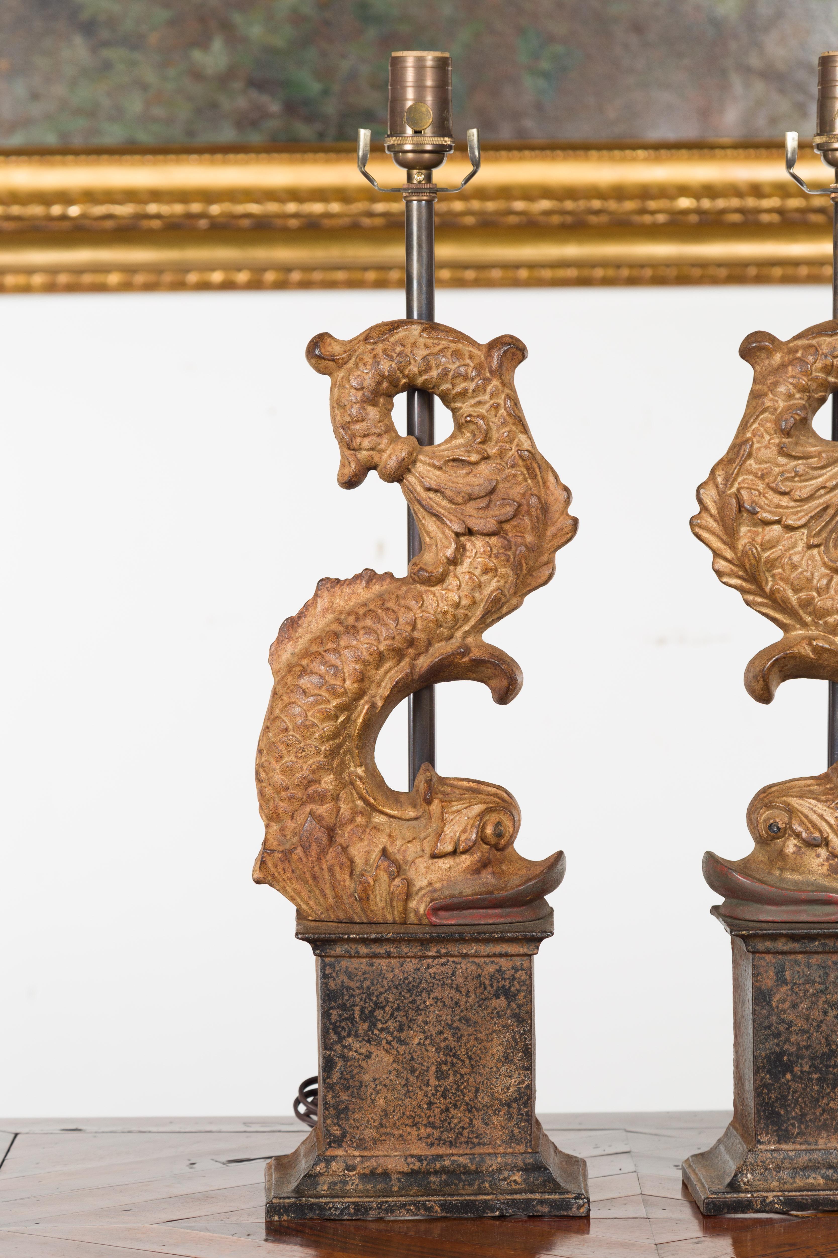 20th Century Pair of Italian Gilt Iron Baroque Style 1920s Dolphins Made into Lamps