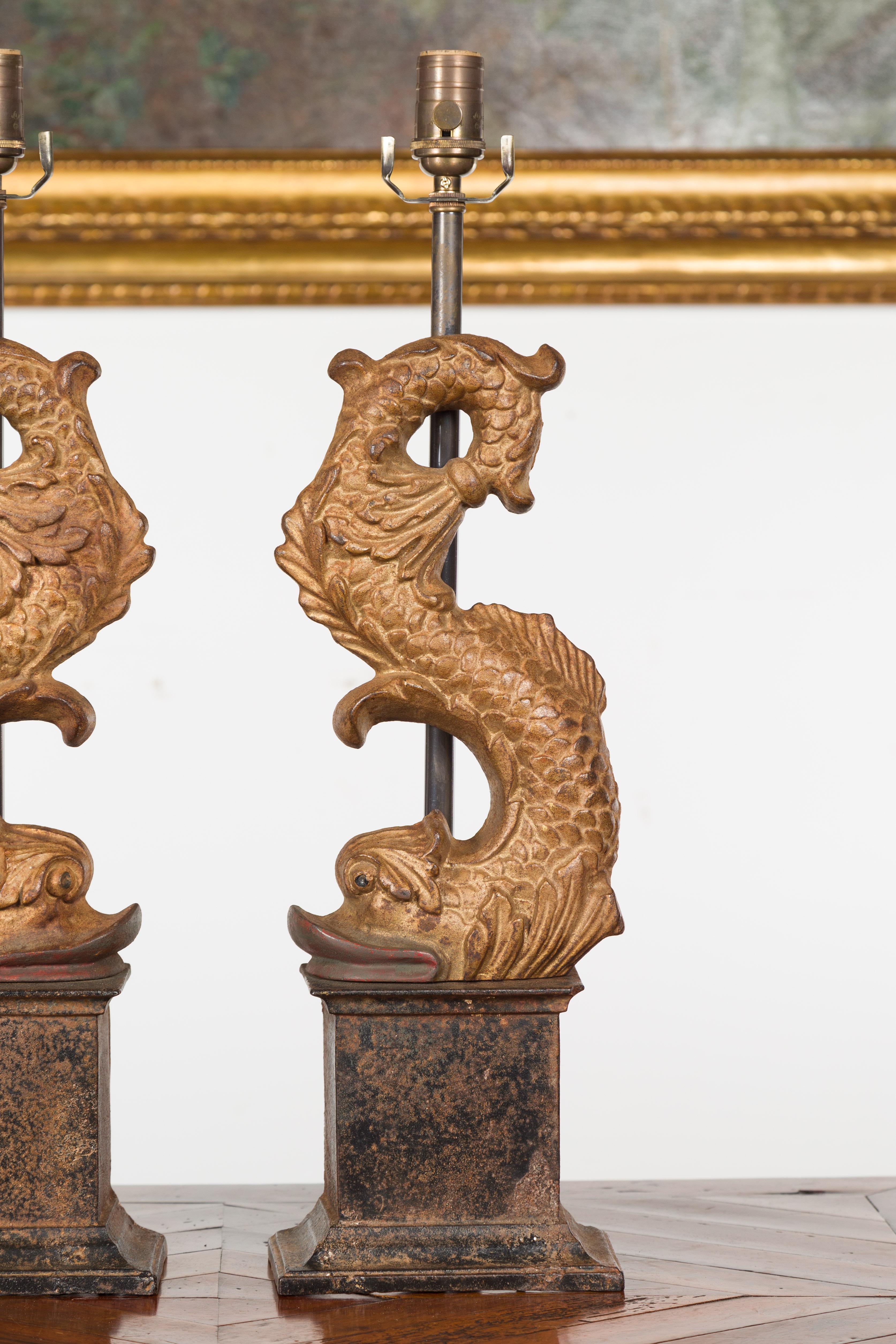 Pair of Italian Gilt Iron Baroque Style 1920s Dolphins Made into Lamps 1