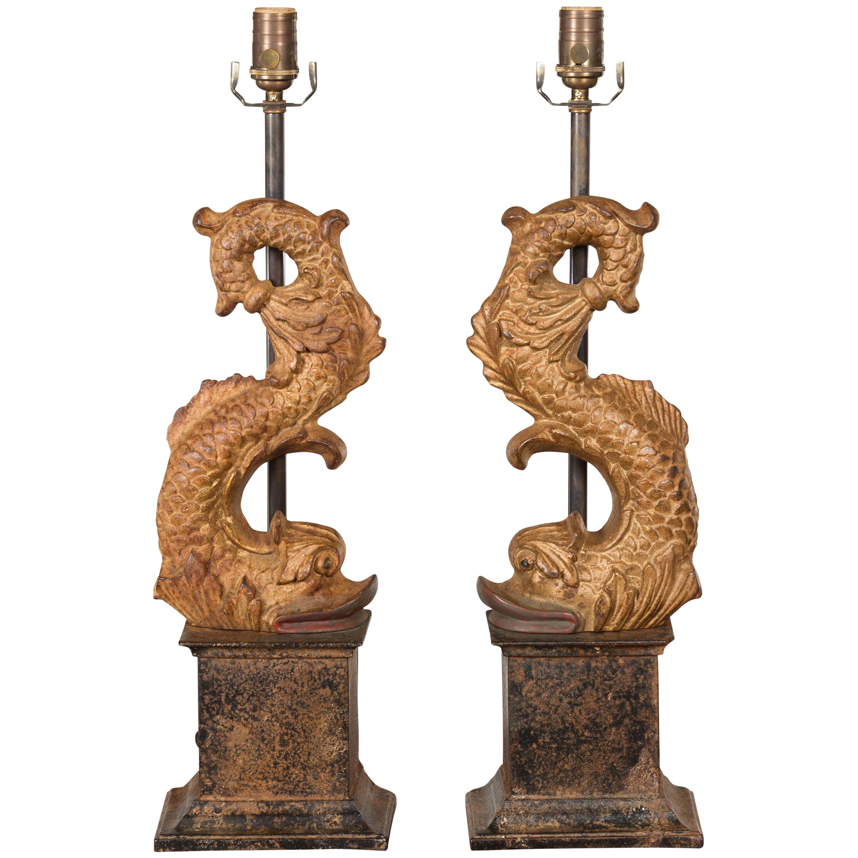 Pair of Italian Gilt Iron Baroque Style 1920s Dolphins Made into Lamps