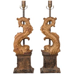 Pair of Italian Gilt Iron Baroque Style 1920s Dolphins Made into Lamps