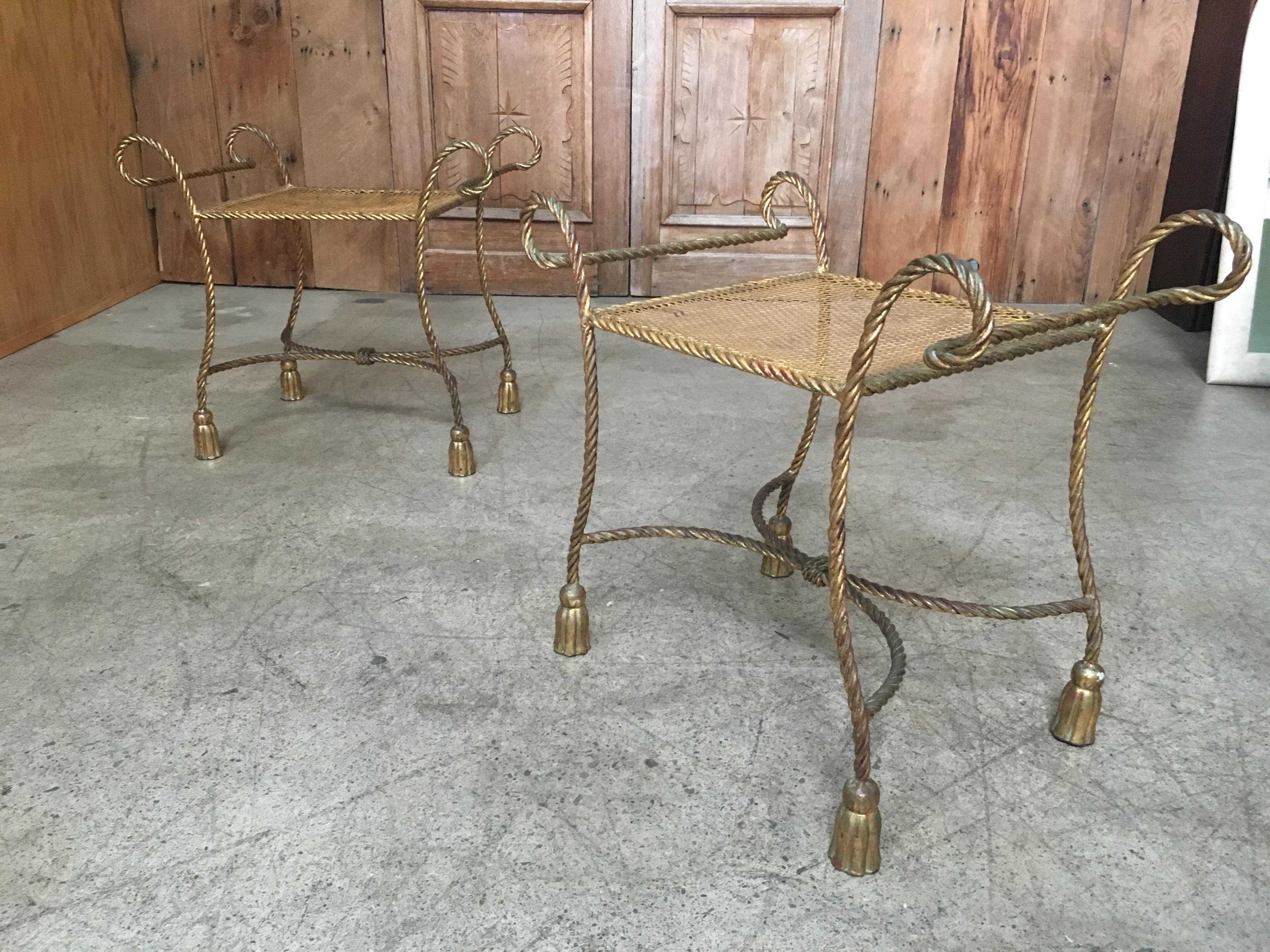 Pair of Italian Gilt Iron Rope and Tassel Benches 8