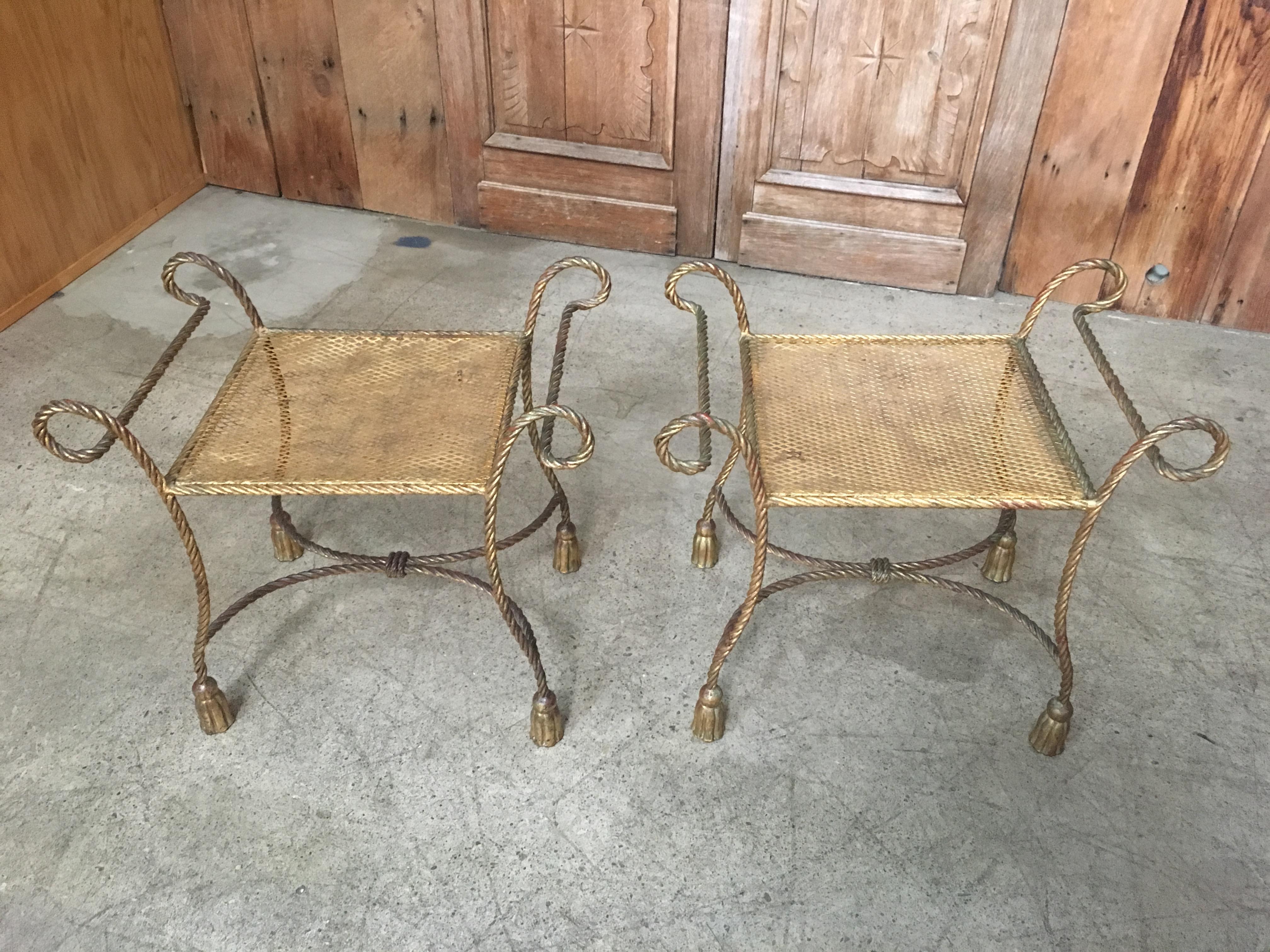 Hollywood Regency Pair of Italian Gilt Iron Rope and Tassel Benches