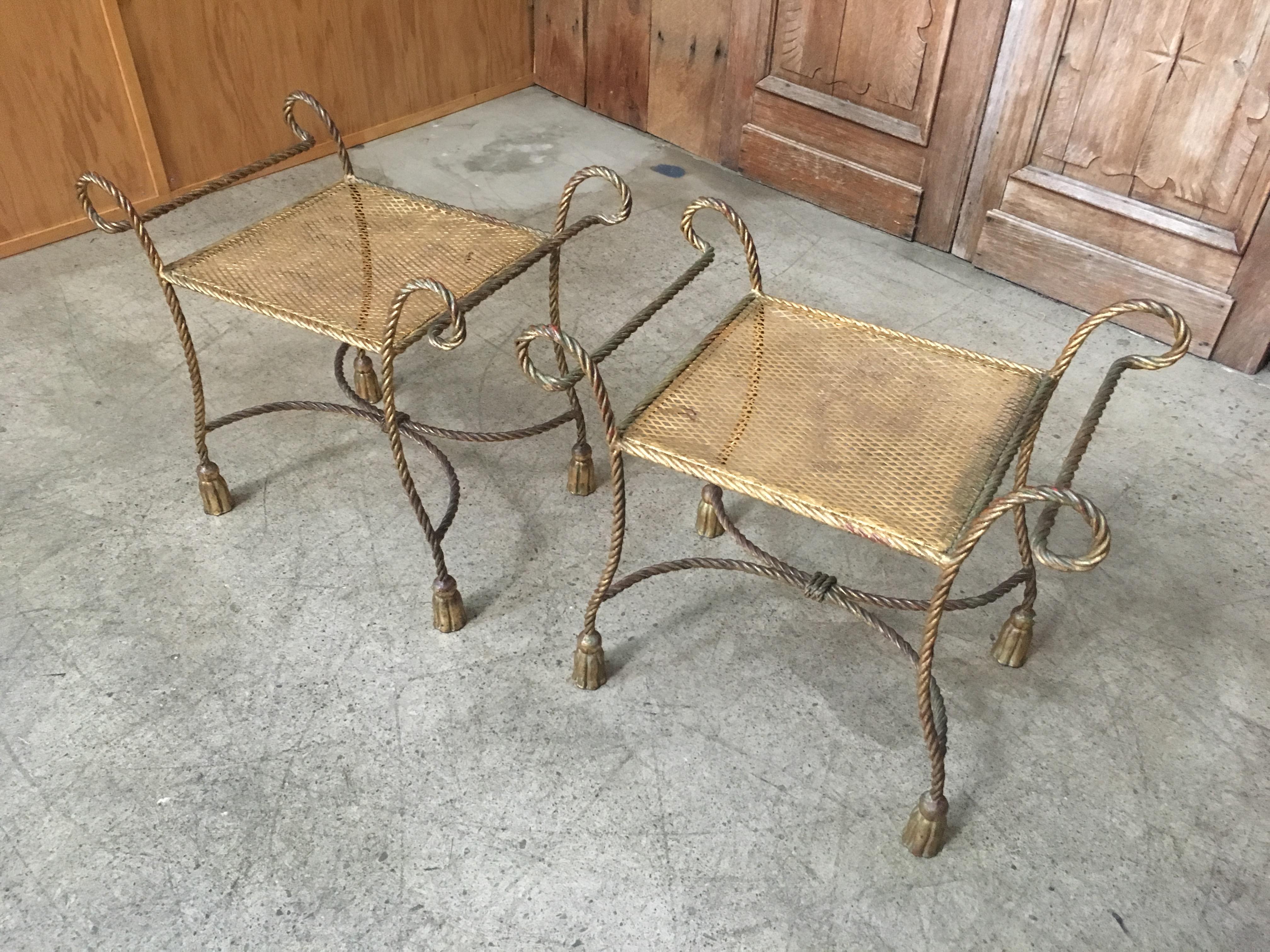 Metal Pair of Italian Gilt Iron Rope and Tassel Benches