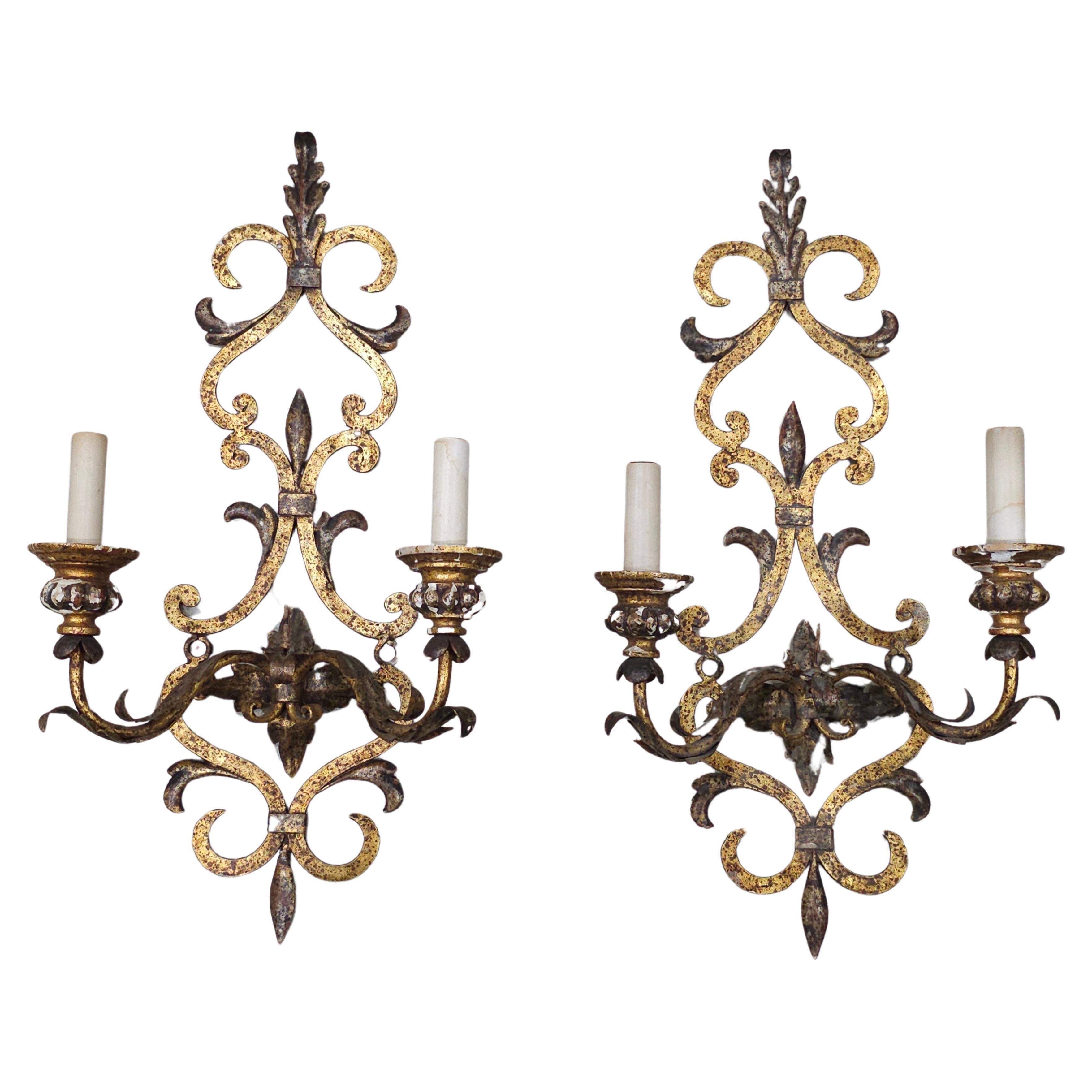 Pair of Italian Gilt Metal and Composite Leaf Motif Wall Sconces For Sale