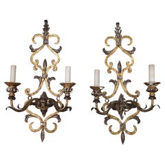Pair of Italian Gilt Metal and Composite Leaf Motif Wall Sconces