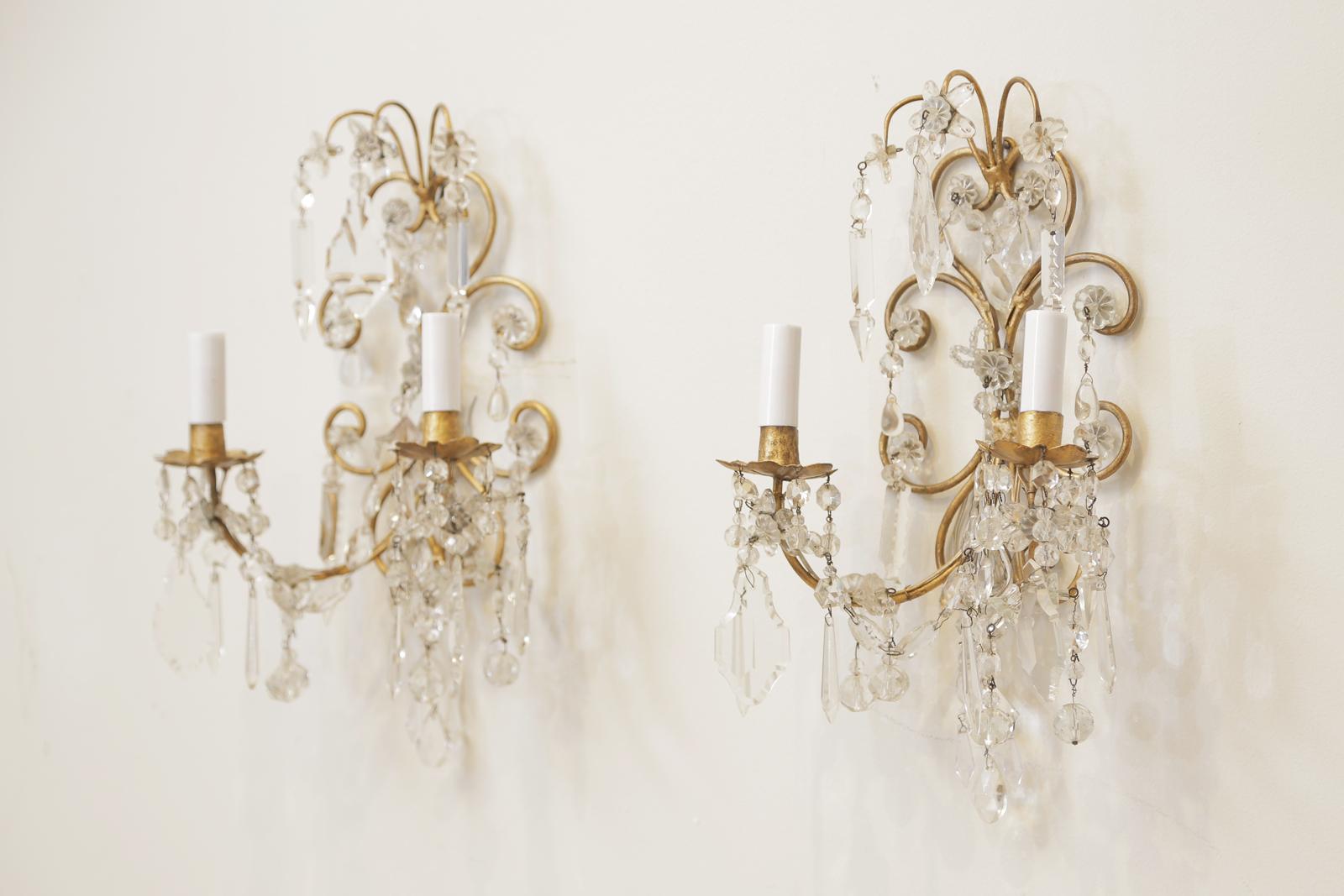 Pair of Italian Gilt Metal and Crystal Two-Light Sconces in the Style of Bagues In Good Condition For Sale In West Palm Beach, FL