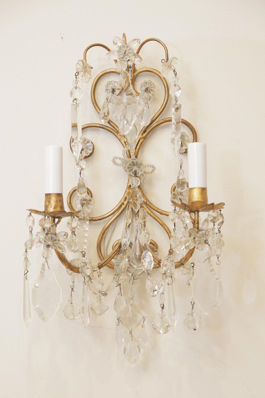 Pair of Italian Gilt Metal and Crystal Two-Light Sconces in the Style of Bagues For Sale 1