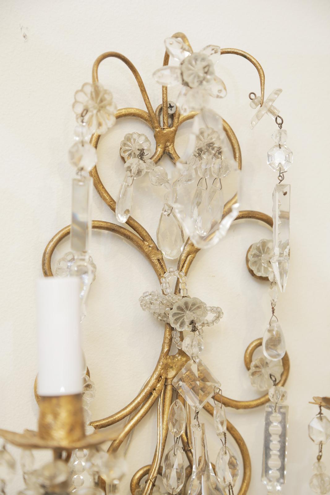 Pair of Italian Gilt Metal and Crystal Two-Light Sconces in the Style of Bagues For Sale 3