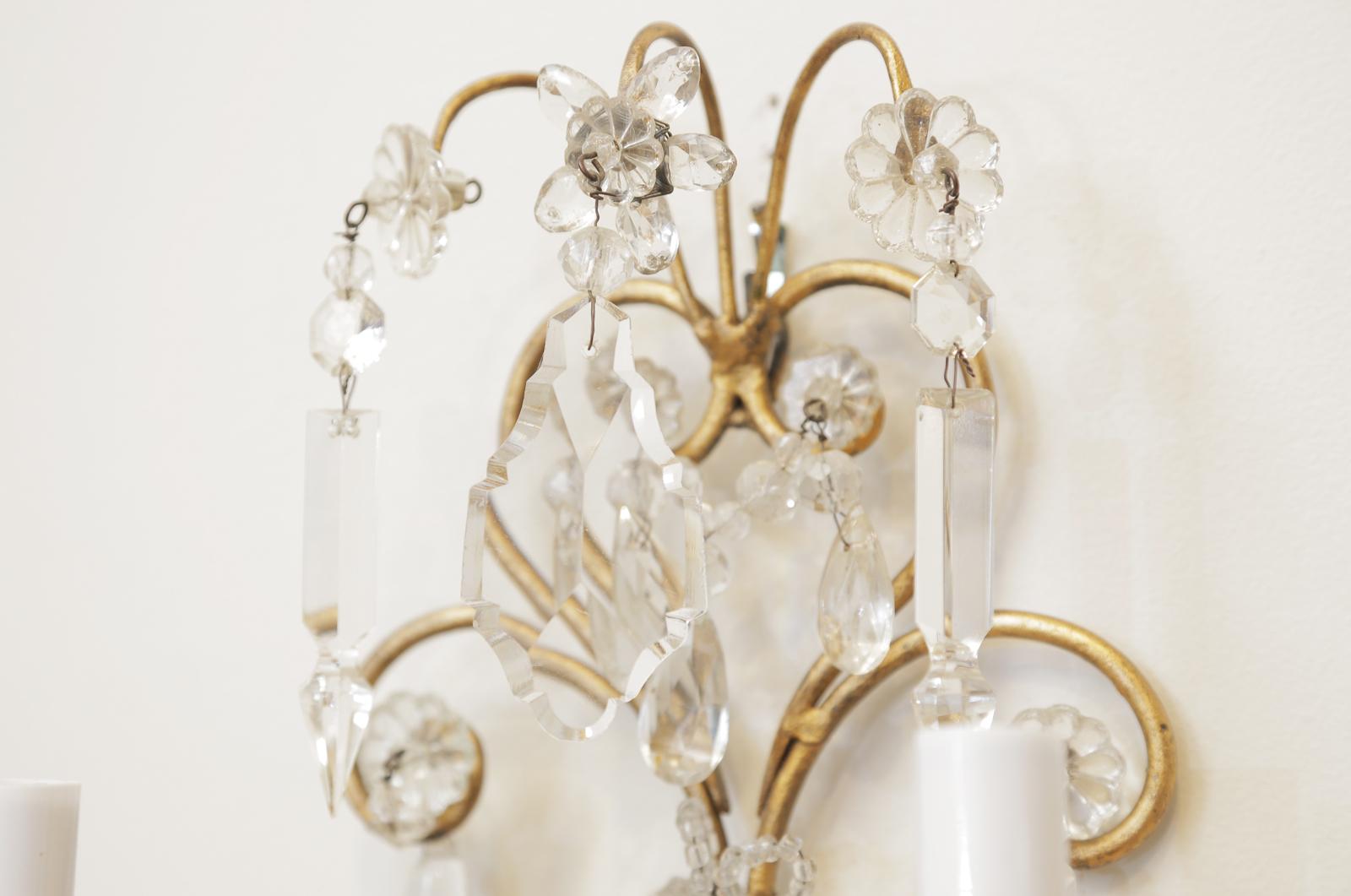 Pair of Italian Gilt Metal and Crystal Two-Light Sconces in the Style of Bagues For Sale 4