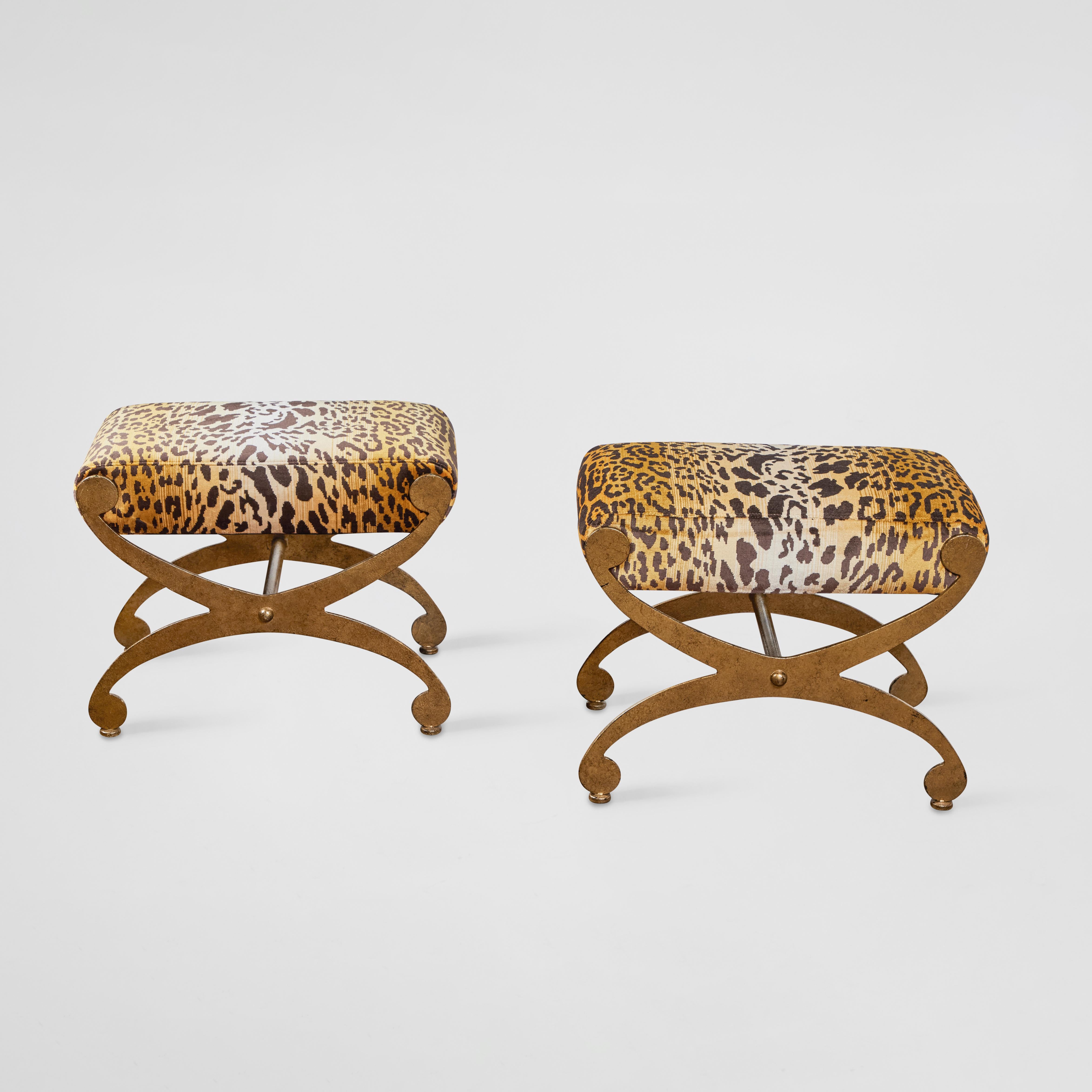 Pair of Italian Gilt Metal and Leopard Benches In Good Condition For Sale In Pasadena, CA