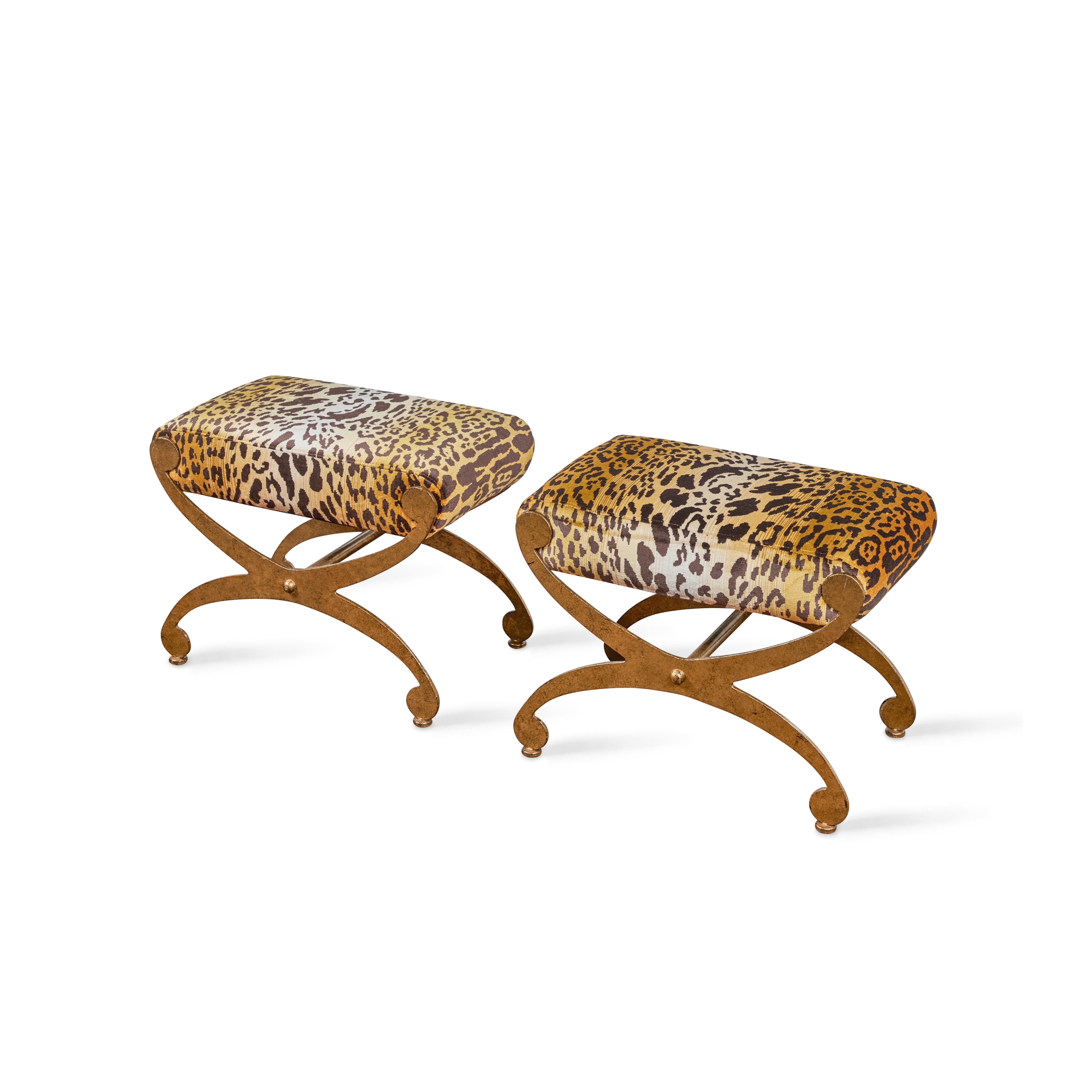 Pair of Italian Gilt Metal and Leopard Benches For Sale 2
