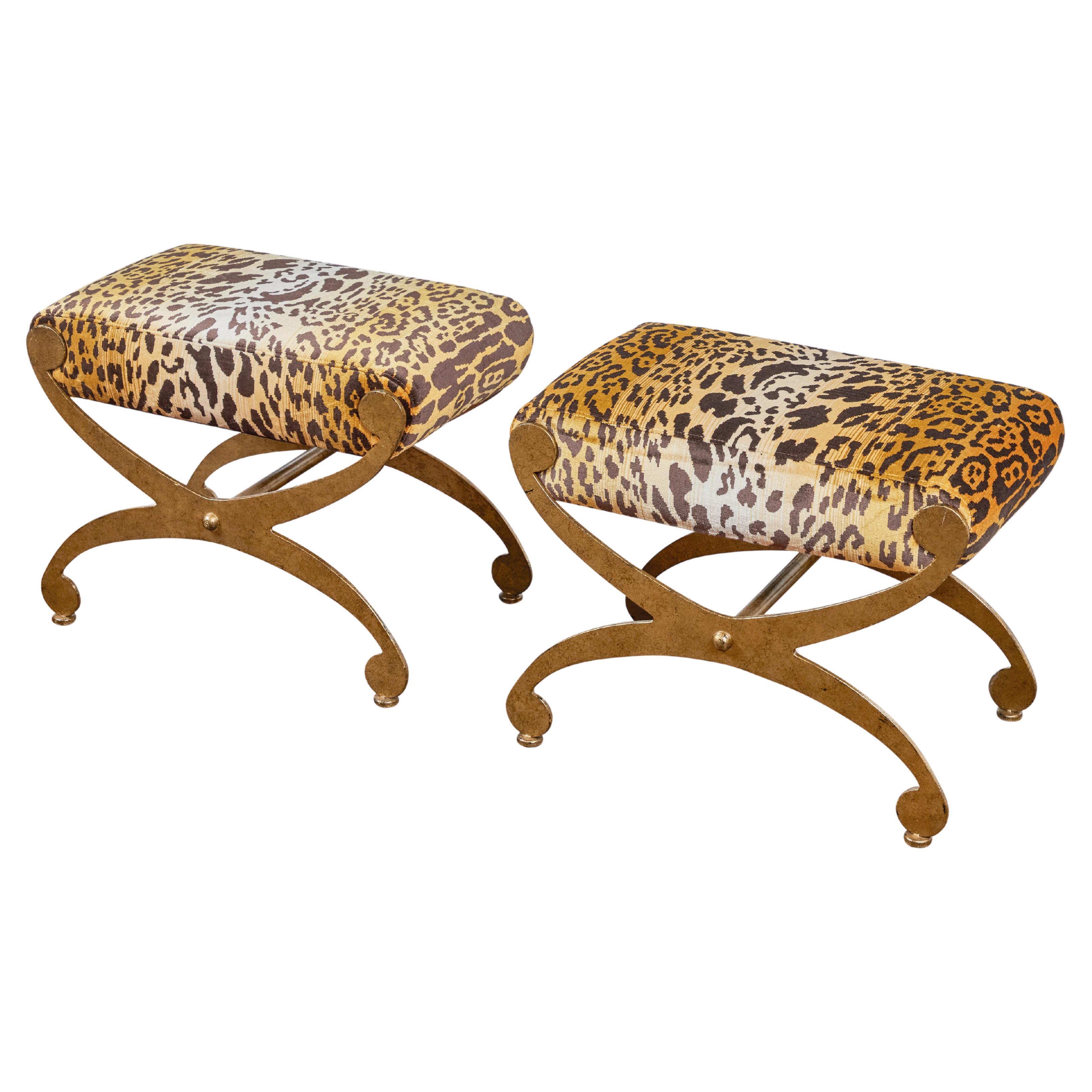 Pair of Italian Gilt Metal and Leopard Benches For Sale