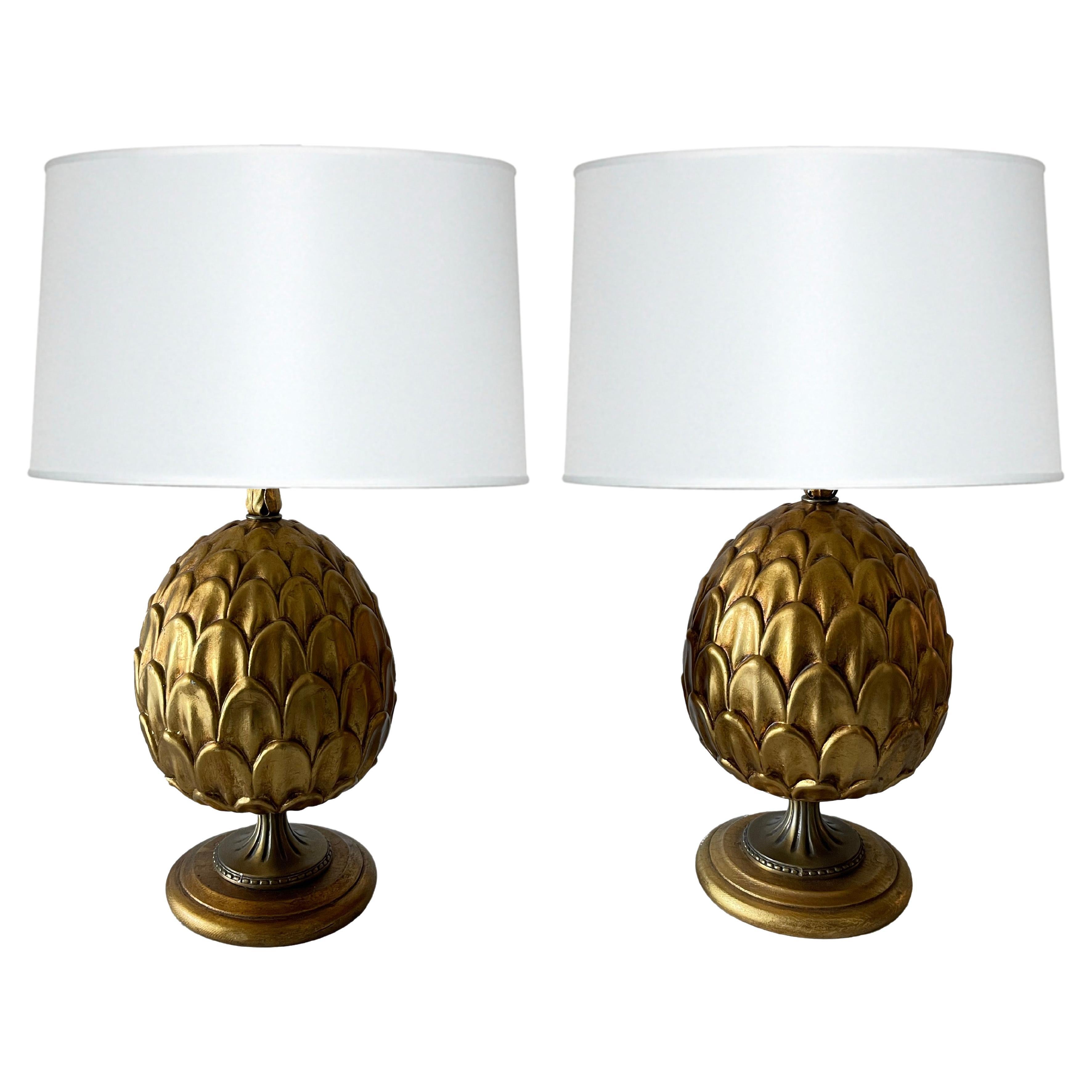Paire de lampes Artichaut en métal doré italien