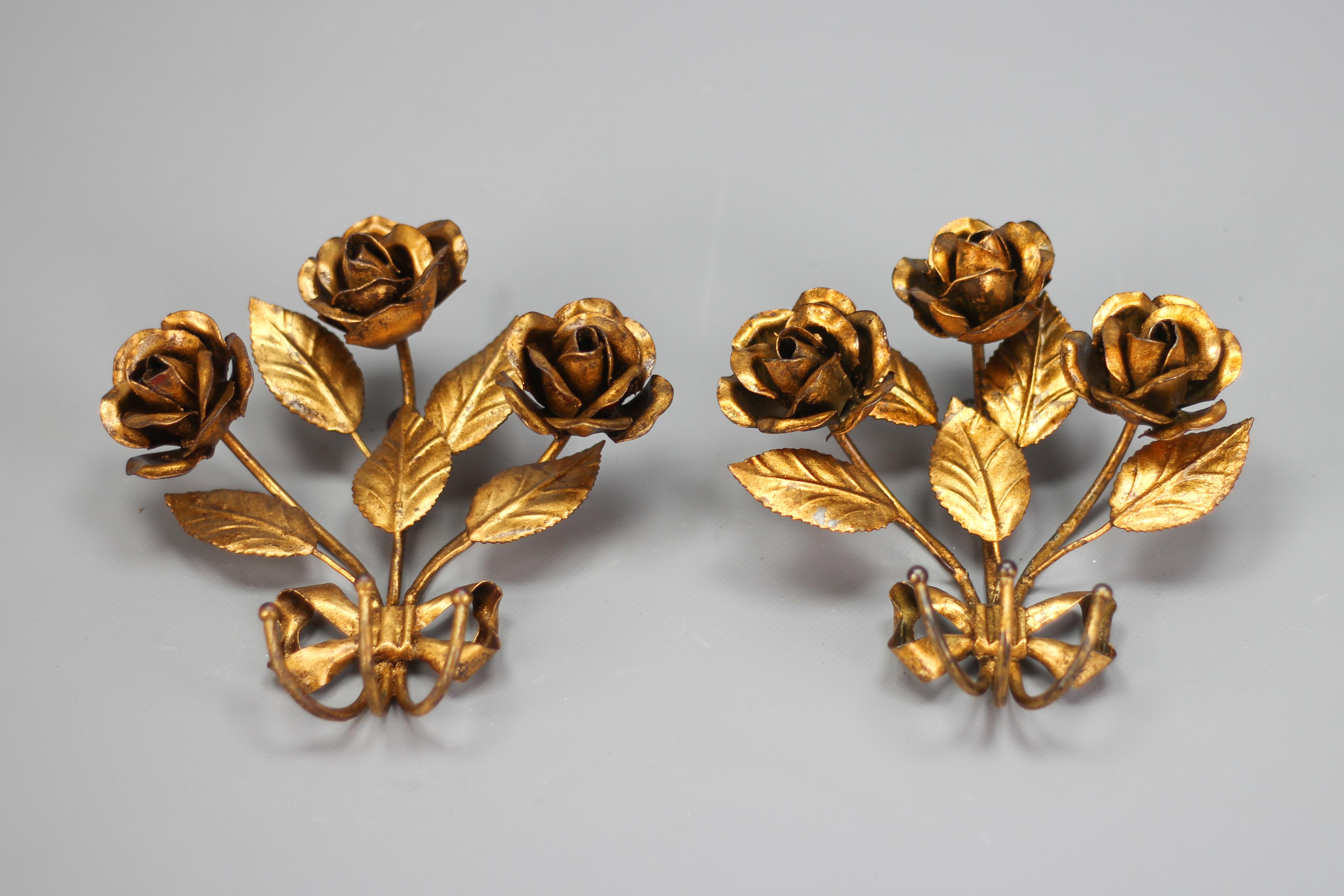 Pair of Italian Gilt Metal Coat Hooks Roses, 1960s For Sale 11