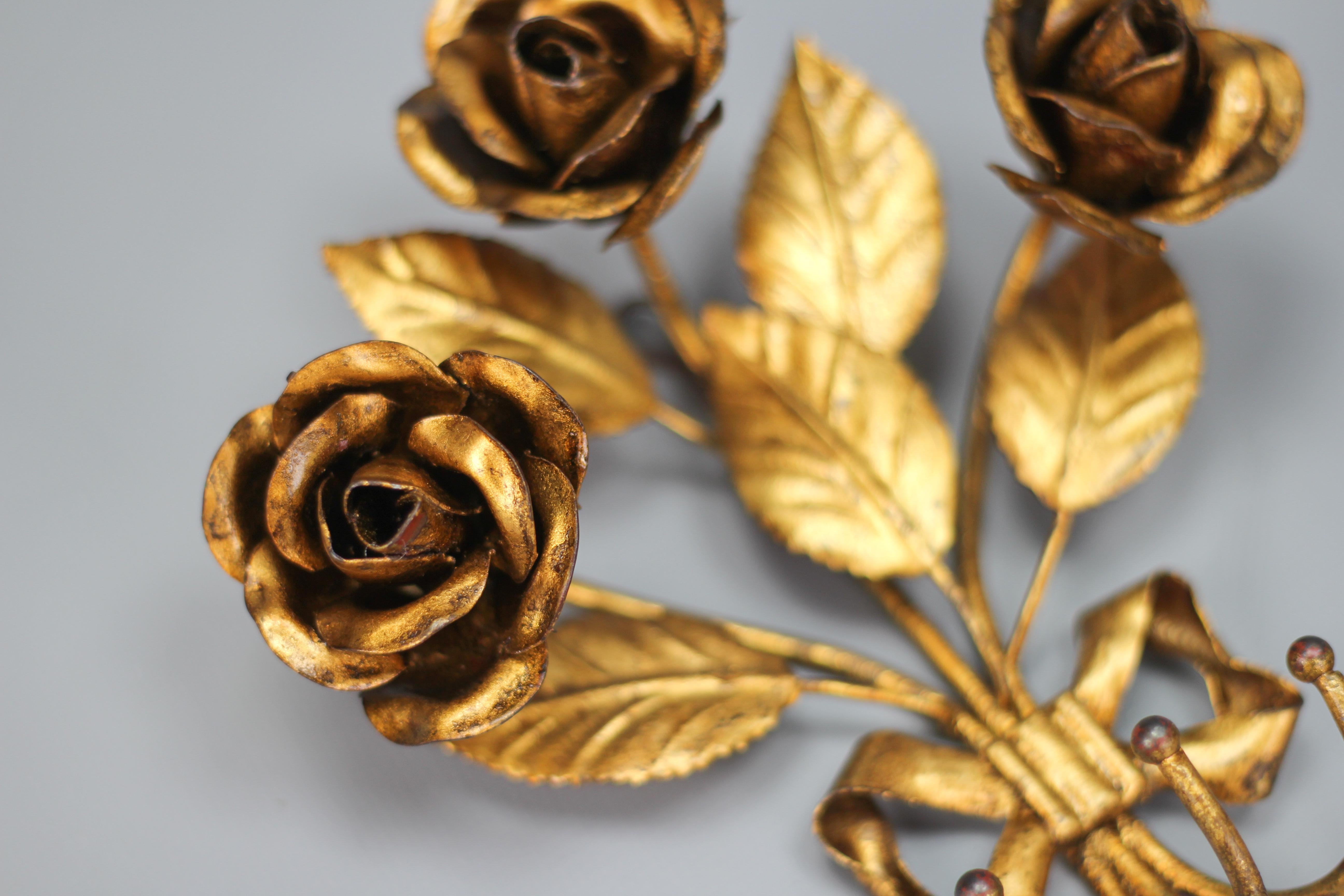 Mid-20th Century Pair of Italian Gilt Metal Coat Hooks Roses, 1960s For Sale