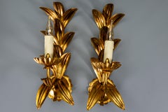 Pair of Italian Gilt Metal Leaf Wall Sconces, Hollywood Regency Style, 1970s