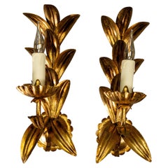 Pair of Italian Gilt Metal Leaf Wall Sconces, Hollywood Regency Style, 1970s