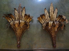 Pair of Italian Gilt Metal Palm Frond Sconces