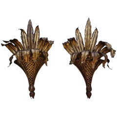 Vintage Pair of Italian Gilt Metal Palm Frond Sconces