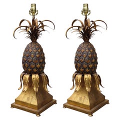 Pair of Italian Gilt Metal Pineapple Lamps by S. Salvadori, Stamped