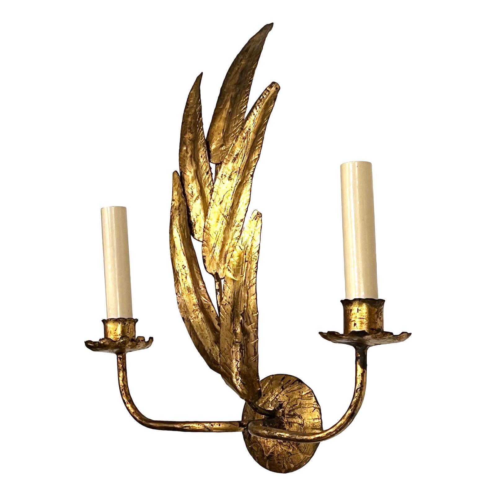 Mid-20th Century Pair of Italian Gilt Metal Sconces For Sale