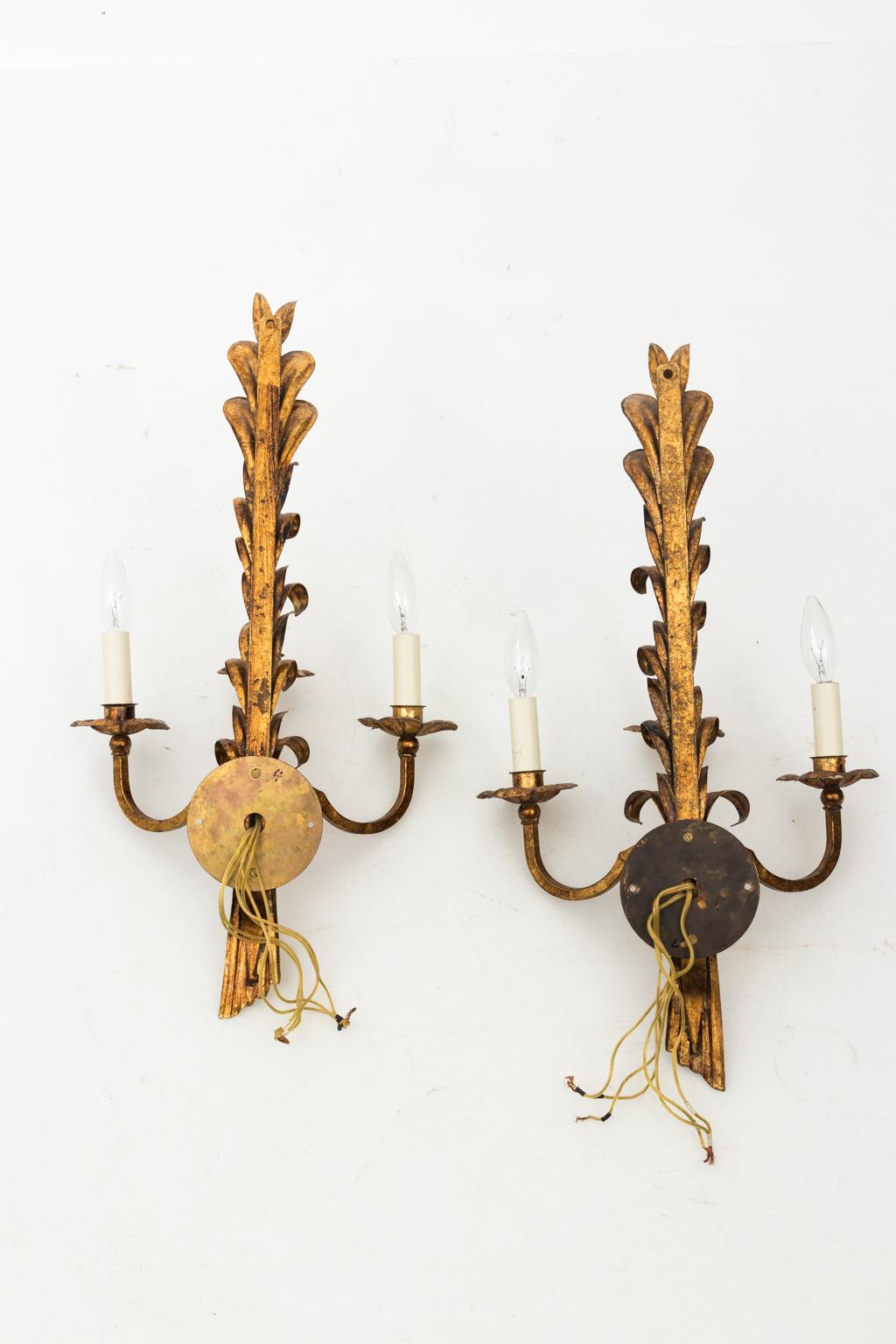 Pair of bronze and brass colored gilt metal three-arm sconces with wheat motif, circa 1975. Made in Italy.
  