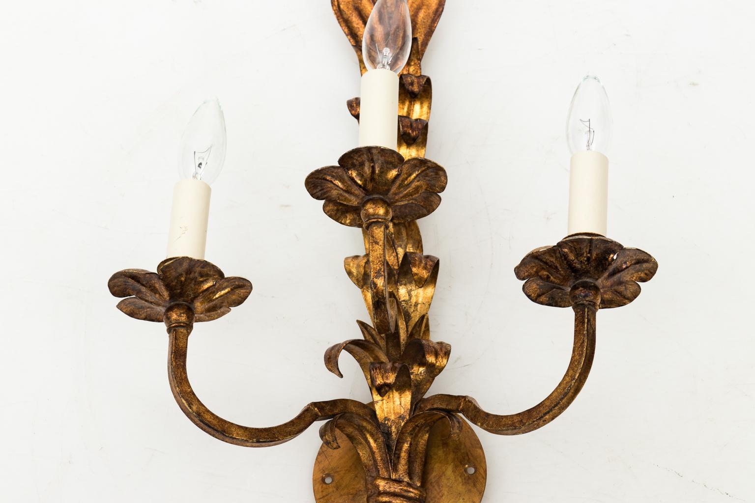 Pair of Italian Gilt Metal Three-Arm Sconces For Sale 3