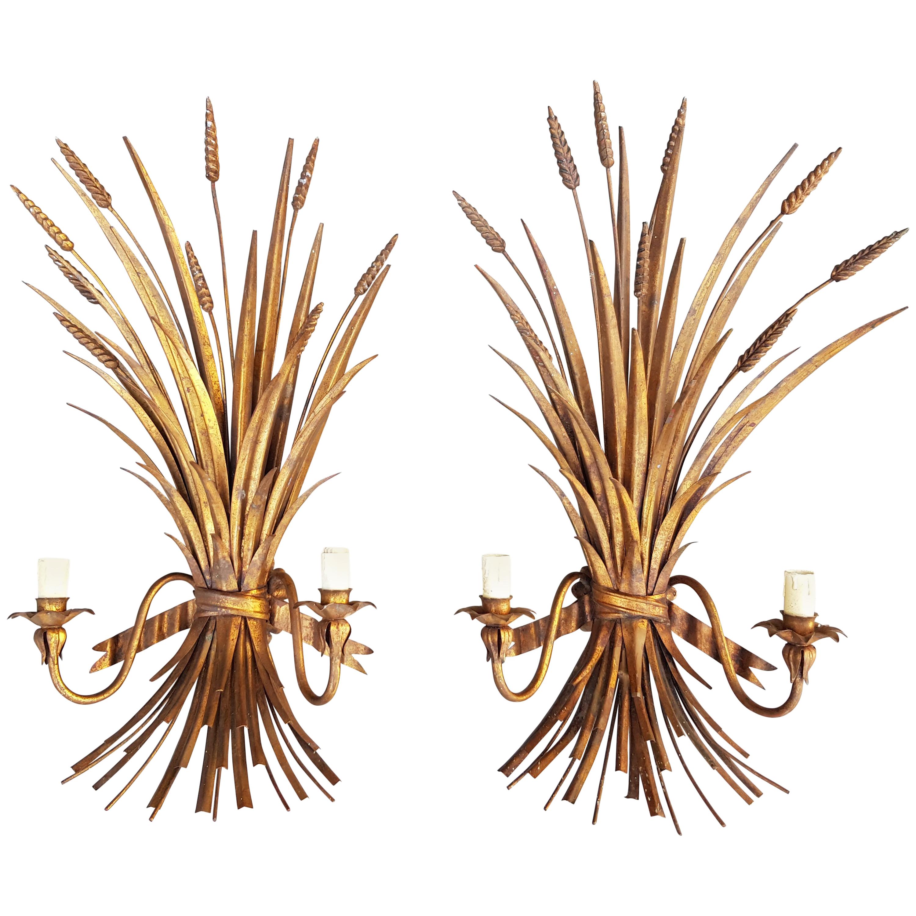 Pair of Italian Gilt Metal Wheat Sheaf Wall Sconces For Sale
