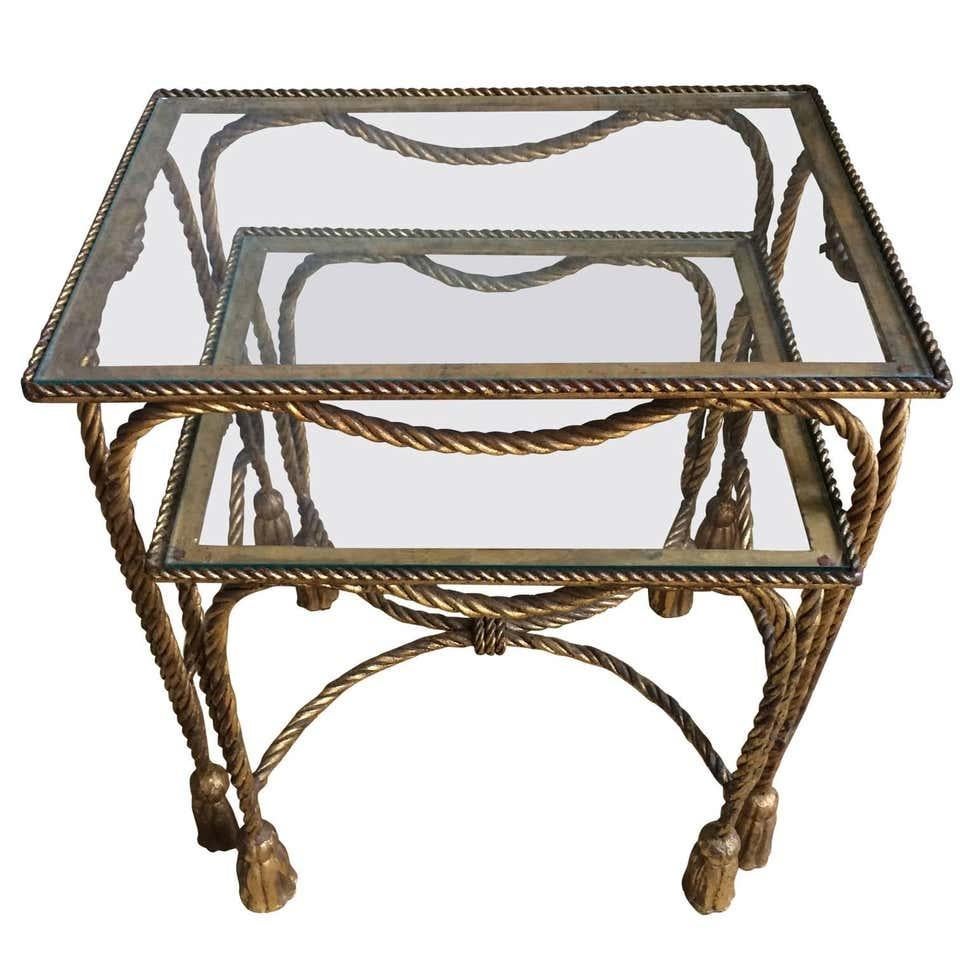 Hollywood Regency Pair of Italian Gilt Nesting Tables with Rope and Tassel Detail