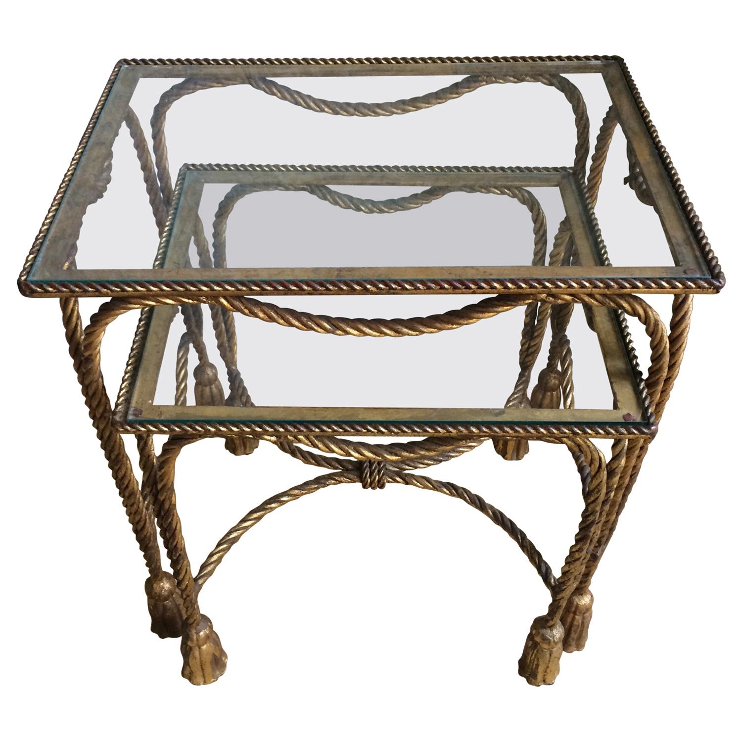 Pair of Italian Gilt Nesting Tables with Rope and Tassel Detail