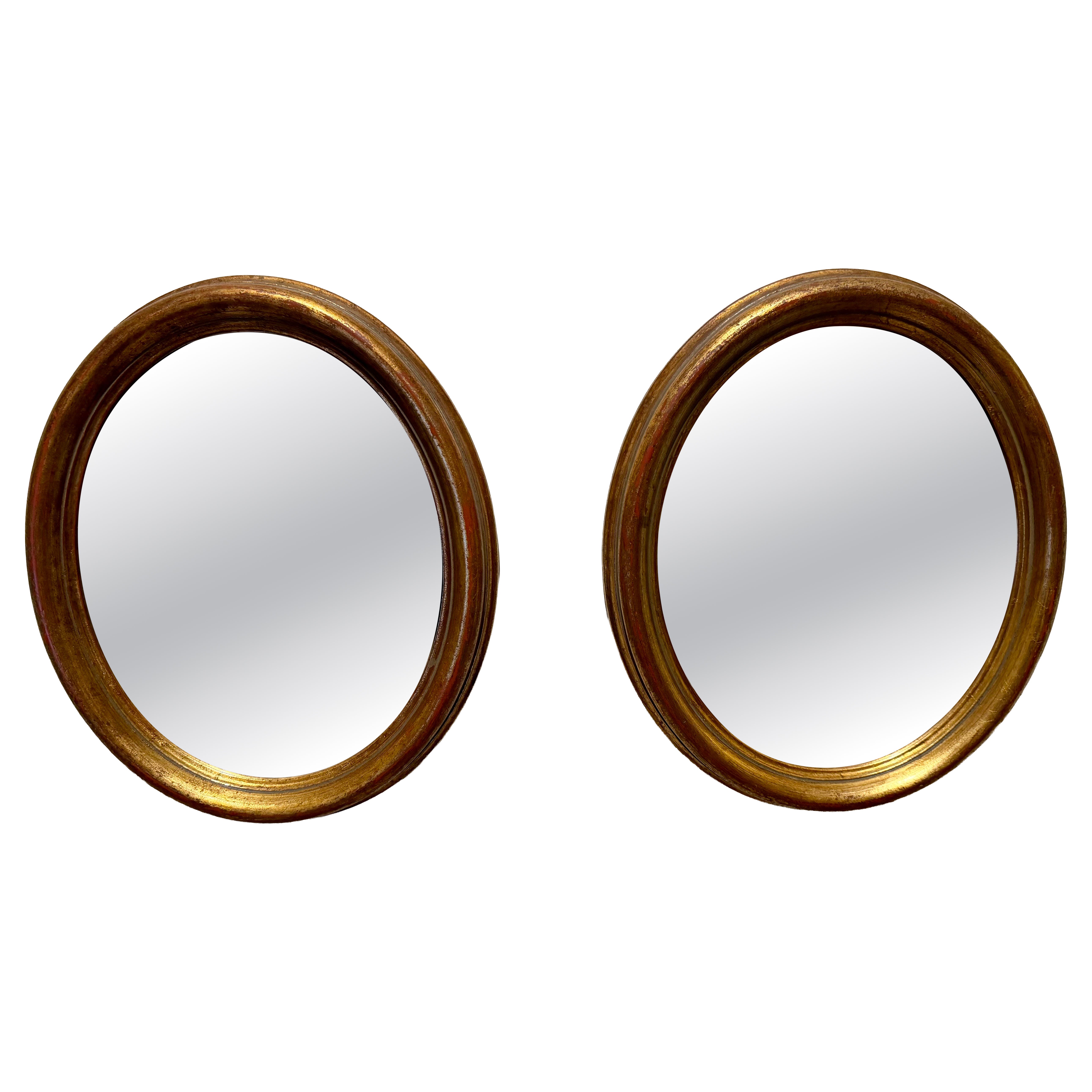 Pair of Italian Gilt Oval Mirrors, Hollywood Regency Style, 1960s