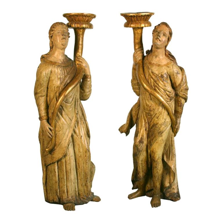 Pair of Italian Gilt & Painted Figures of Candle bearing Angels
