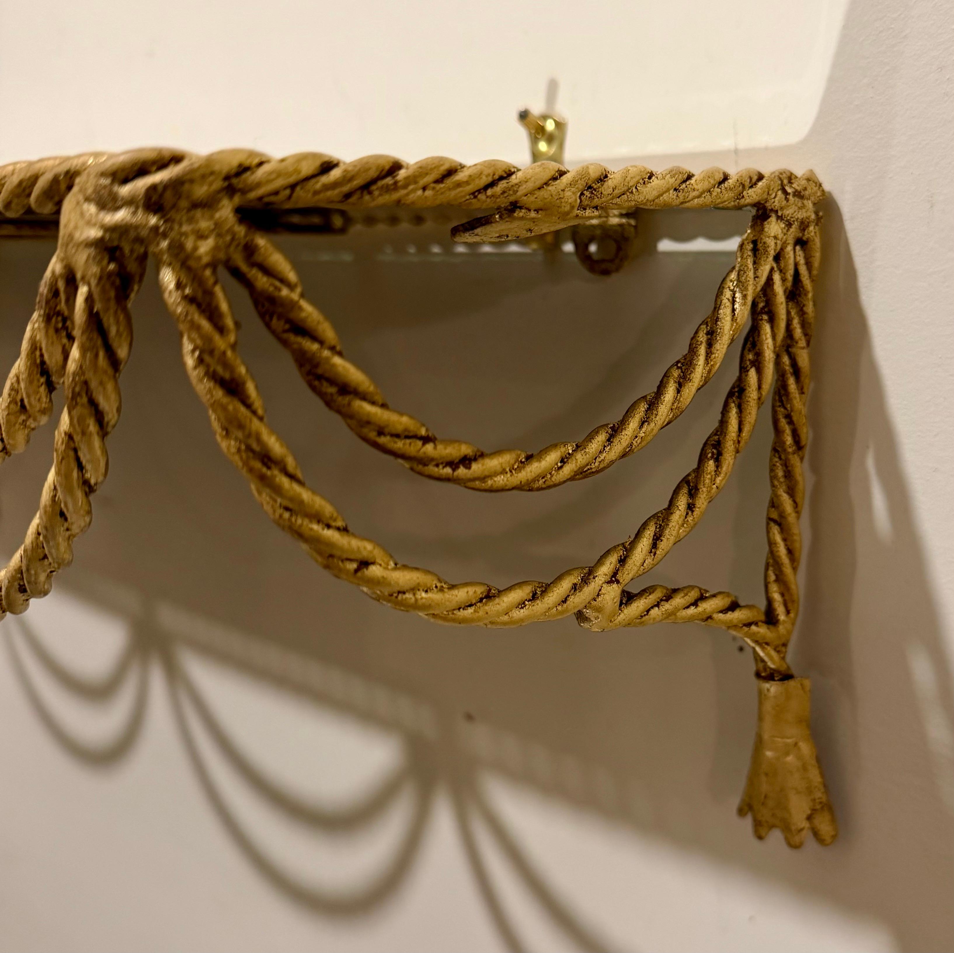 Pair Of Italian Gilt Rope And Tassel Wall Shelves In Good Condition For Sale In New York, NY