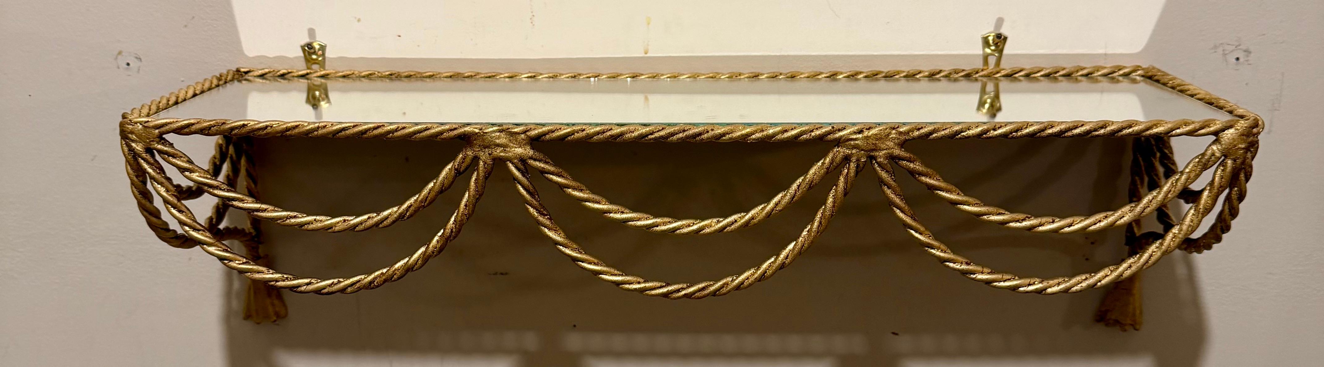 Mid-20th Century Pair Of Italian Gilt Rope And Tassel Wall Shelves For Sale