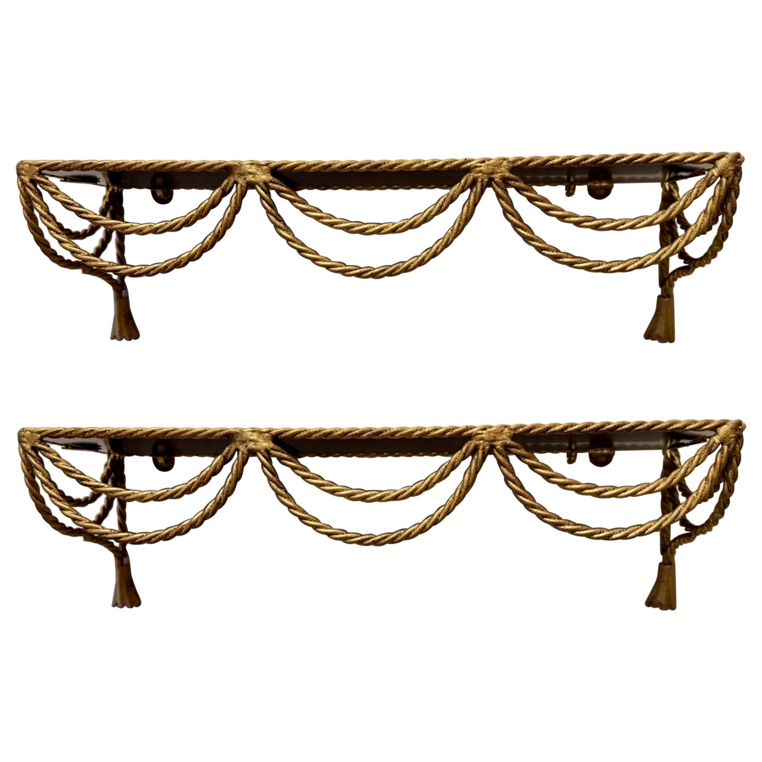 Pair Of Italian Gilt Rope And Tassel Wall Shelves For Sale