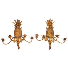 Pair of Italian Gilt Tole and Bronze Four-Arm Pineapple Wall Sconces