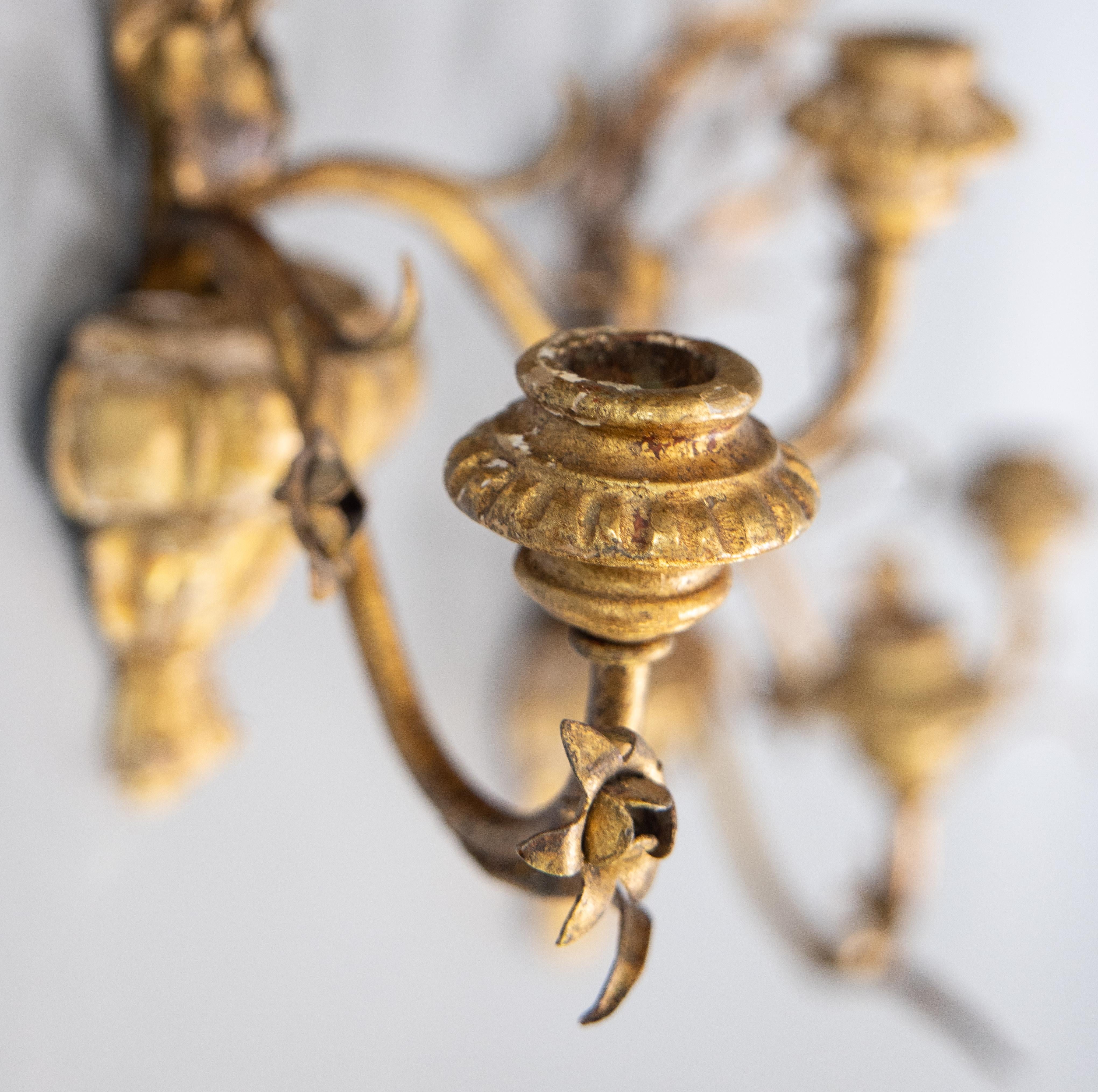 Tôle Pair of Italian Gilt Tole & Giltwood Floral Candle Wall Sconces, circa 1940