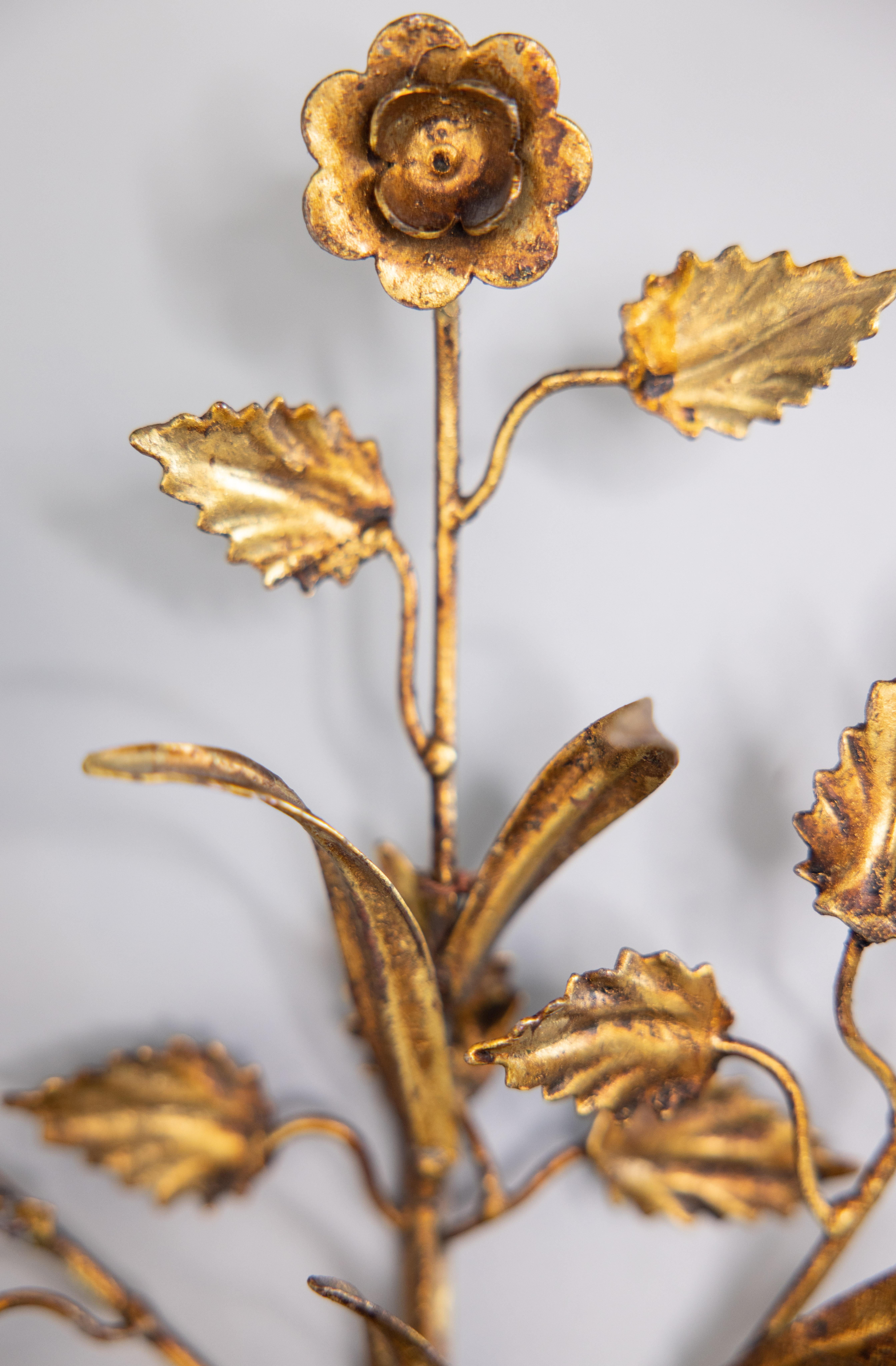 Pair of Italian Gilt Tole & Giltwood Floral Candle Wall Sconces, circa 1940 1