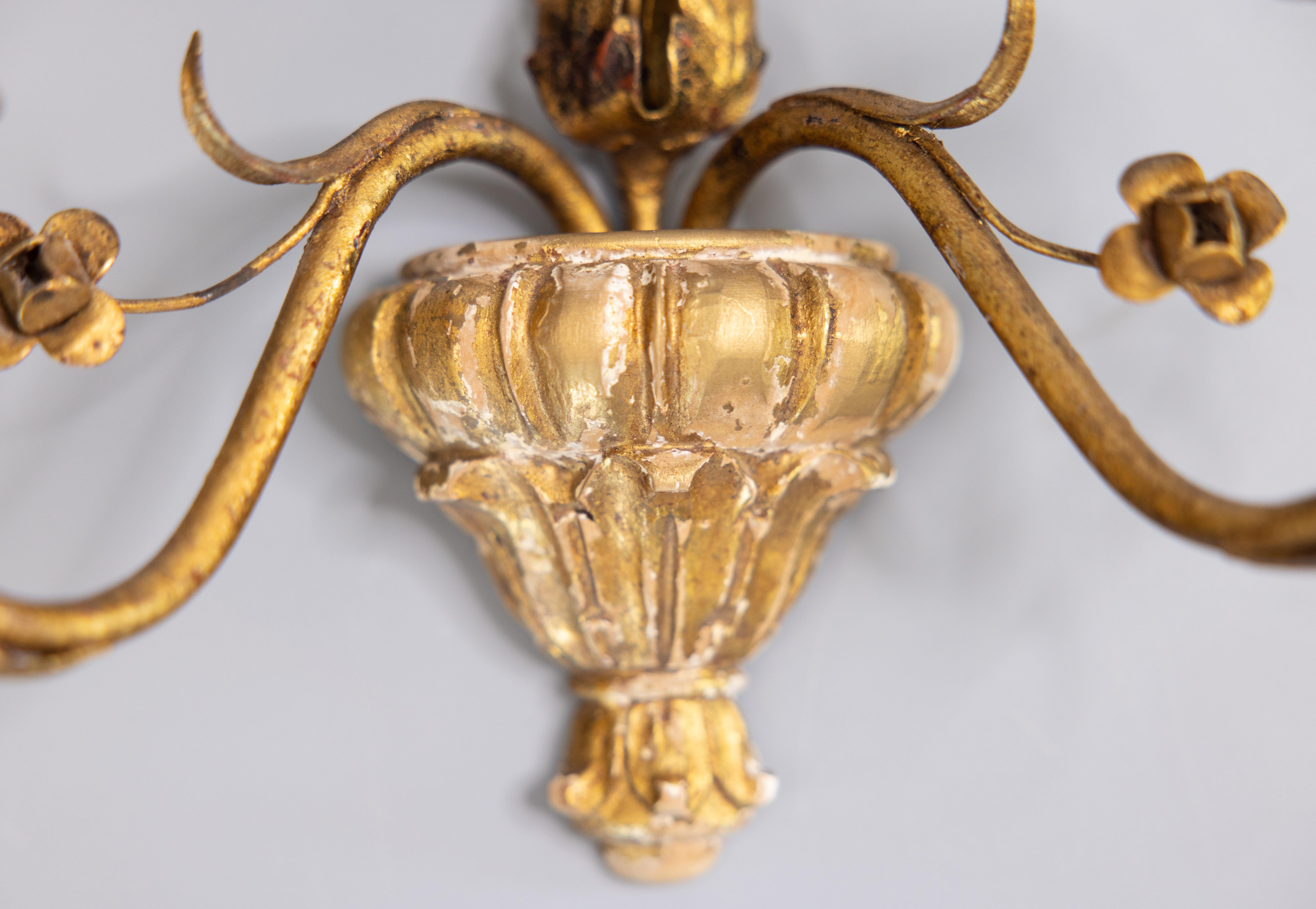 Pair of Italian Gilt Tole & Giltwood Floral Candle Wall Sconces, circa 1940 2
