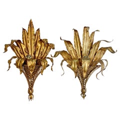 Vintage Pair of Italian Gilt Tole Palm Leaf and Coronet Wall Lights