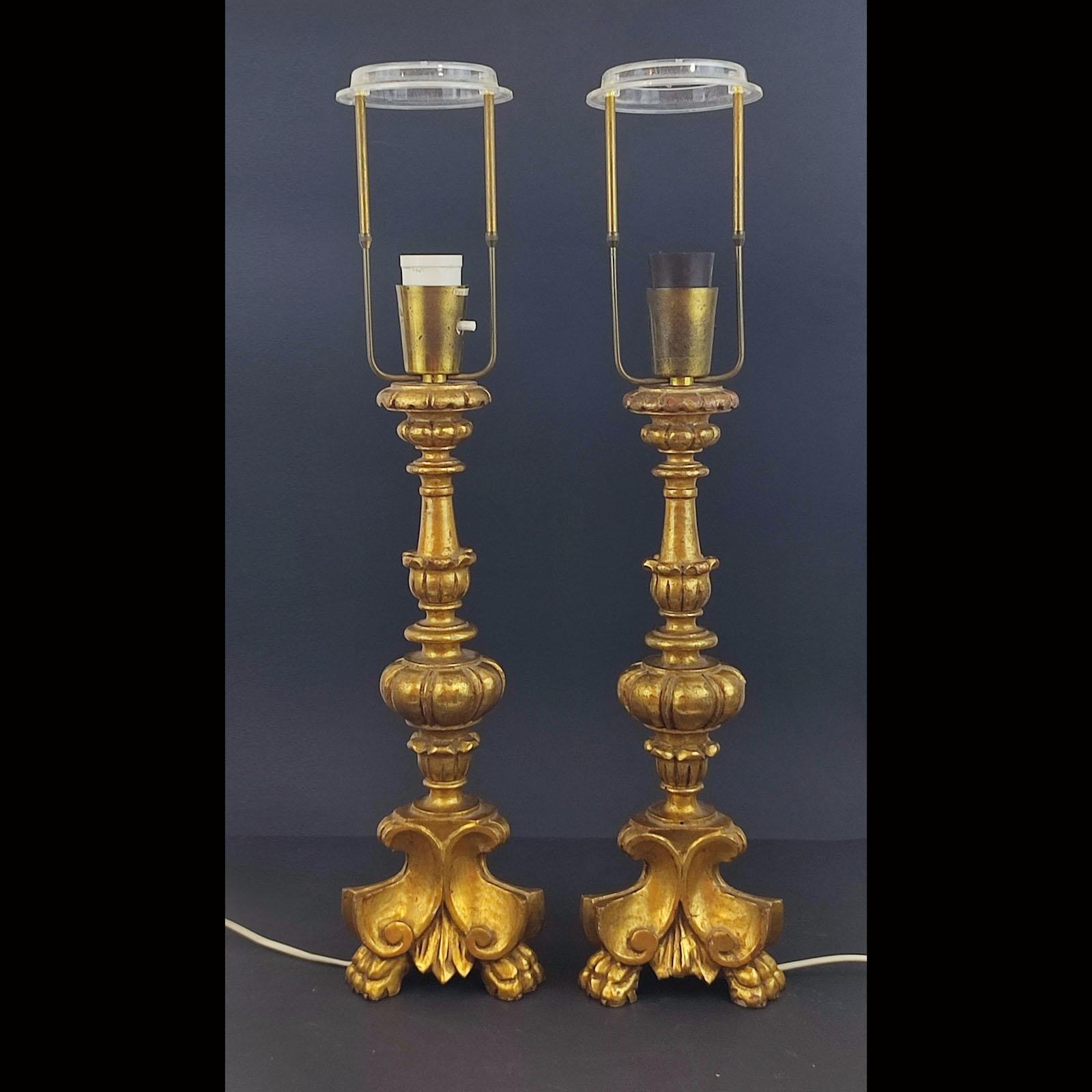 Late 19th Century Pair of Italian Gilt Wood Italian Table Lamps 19th Century For Sale